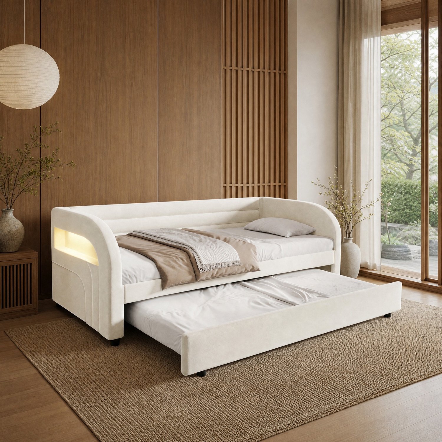 MEUNIQ Gestoffeerd eenpersoonsbed 90 x 200 cm met uitschuifbed, lattenbodem en meerkleurige ledverlichting, beige bed voor kinder- of logeerkamer