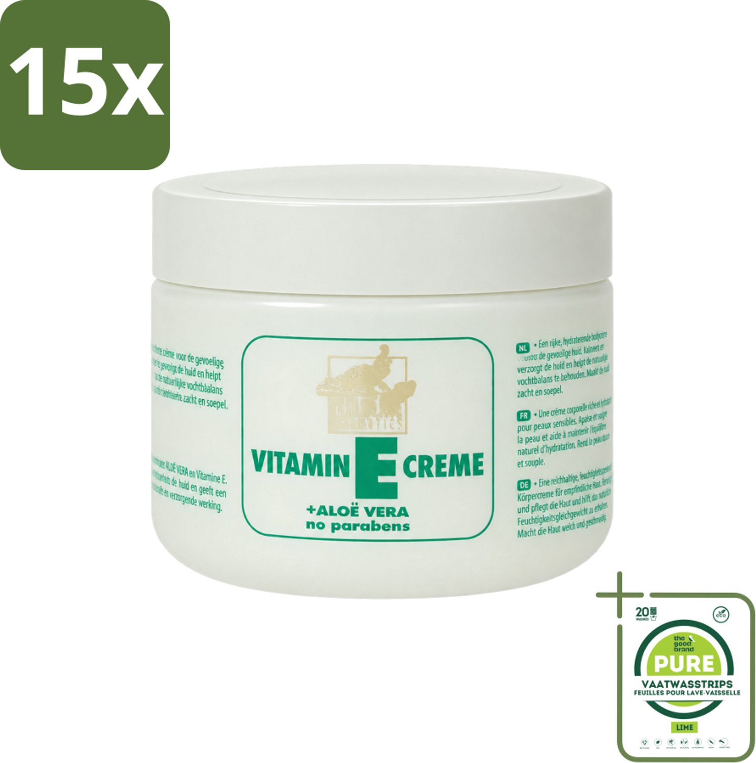 15 x Goldline - Bodycrème - Vitamine-E & Aloë Vera - Gevoelige Huid - Kalmerend - 250 ml - Grootverpakking - Vaatwasstrips - Gevoelige Huid Verzorging - Vitamine E Crème - Aloë Vera Crème - Kalmerende Crème - Huid Verzorging
