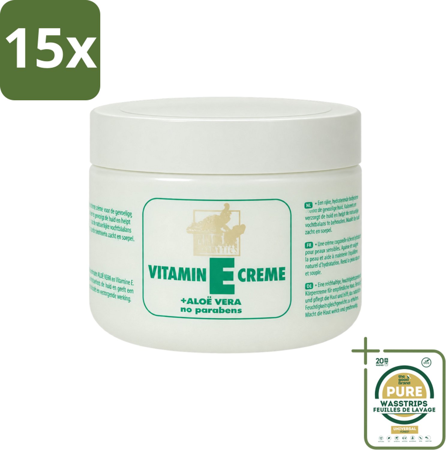 15 x Goldline - Bodycrème - Vitamine-E & Aloë Vera - Gevoelige Huid - Kalmerend - 250 ml - Wasstrips - Gevoelige Huid - Vitamine E - Aloë Vera - Bodycrème - Kalmerend
