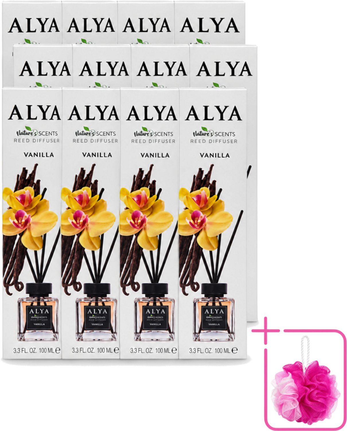 12 x Alya – Reed Diffuser – Vanilla – Interieurparfum - Bulkverpakking - Geurstokjes - Douchemop - Vanille