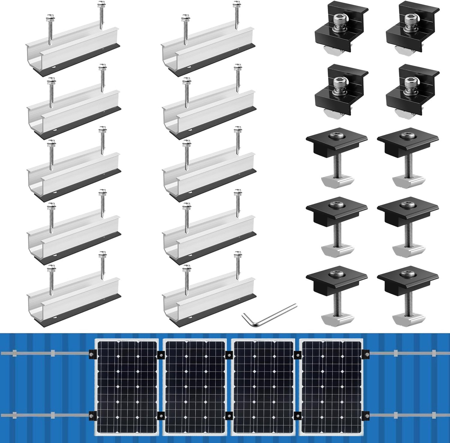 Montagebeugels voor Zonnepanelen, Inclusief 10 Rails en Klemmen