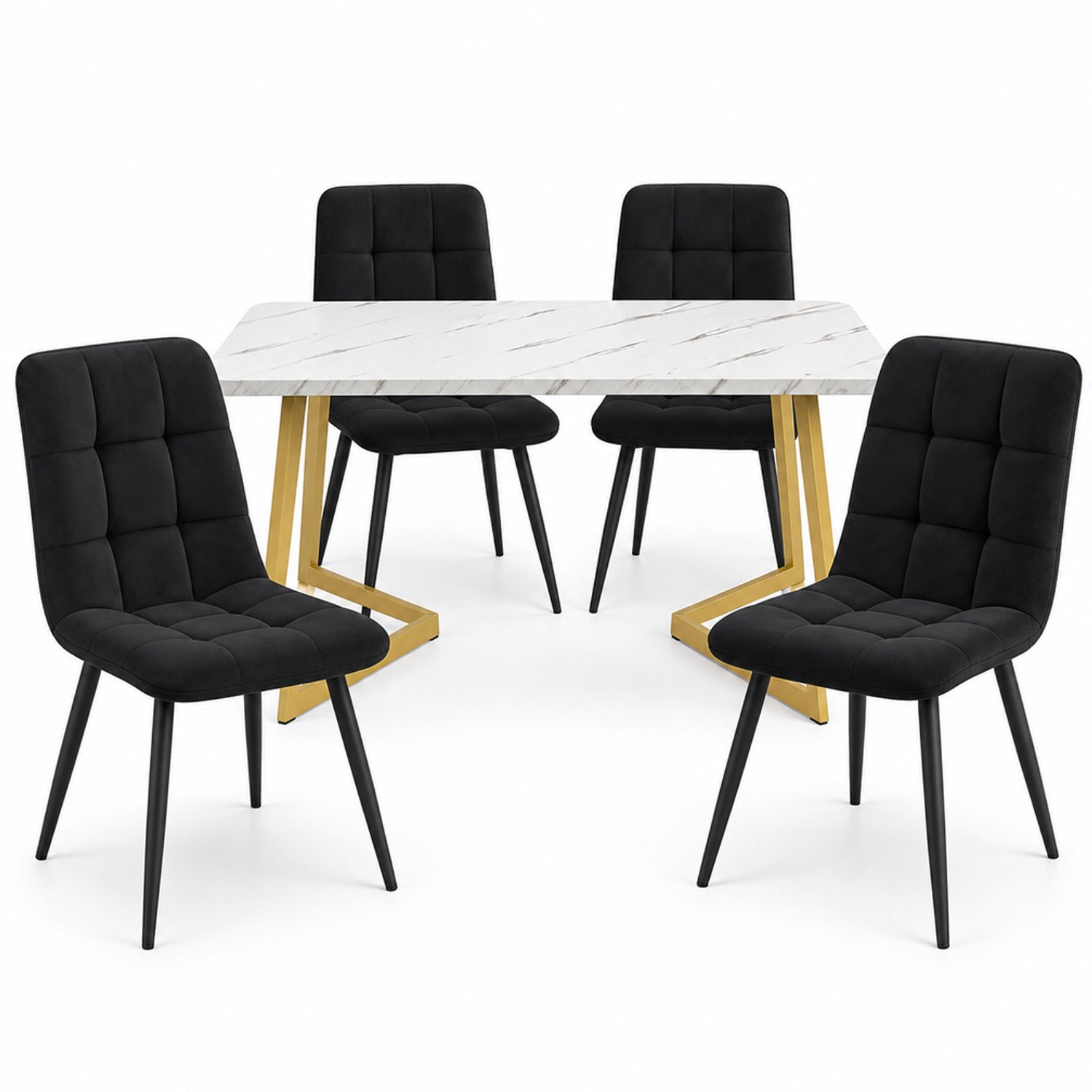 LONG DRAGON - Eethoek - Tafel met 4 velvet stoelen - Rechthoekige eettafel - Goudkleurige tafelpoten - Zwart - 117 cm