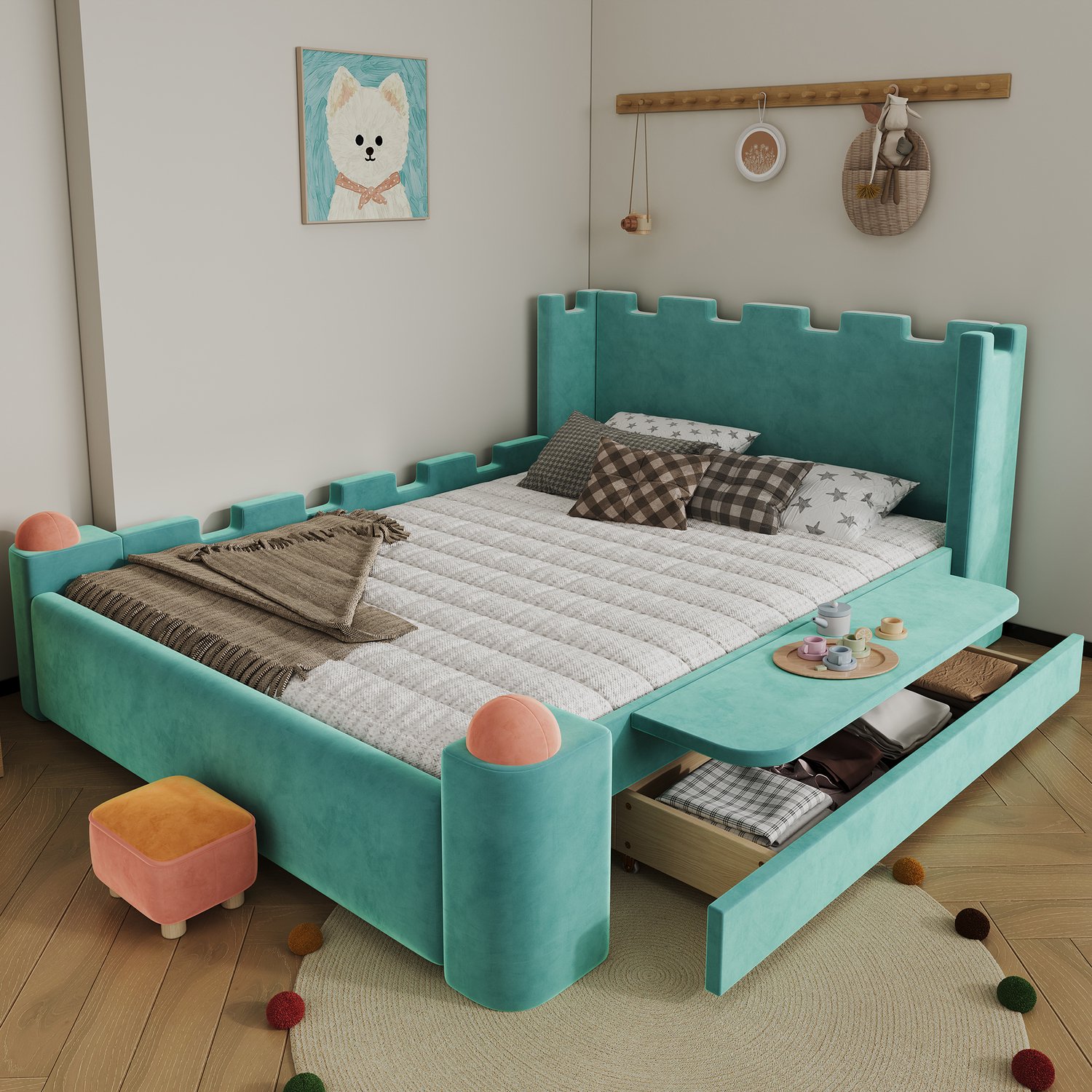 MEUNIQ Gestoffeerd kinderbed 140 x 200 cm met kasteelvormig hoofdbord, zijhek, inklapbaar zijblad en bedlade, blauwgroen