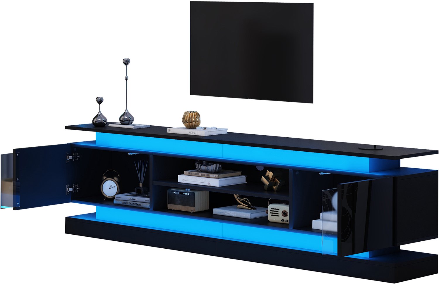 REDOM Tv-meubel 180 cm - 2 deuren, verstelbare plank en Bluetooth-LED-verlichting - Zwart hoogglans