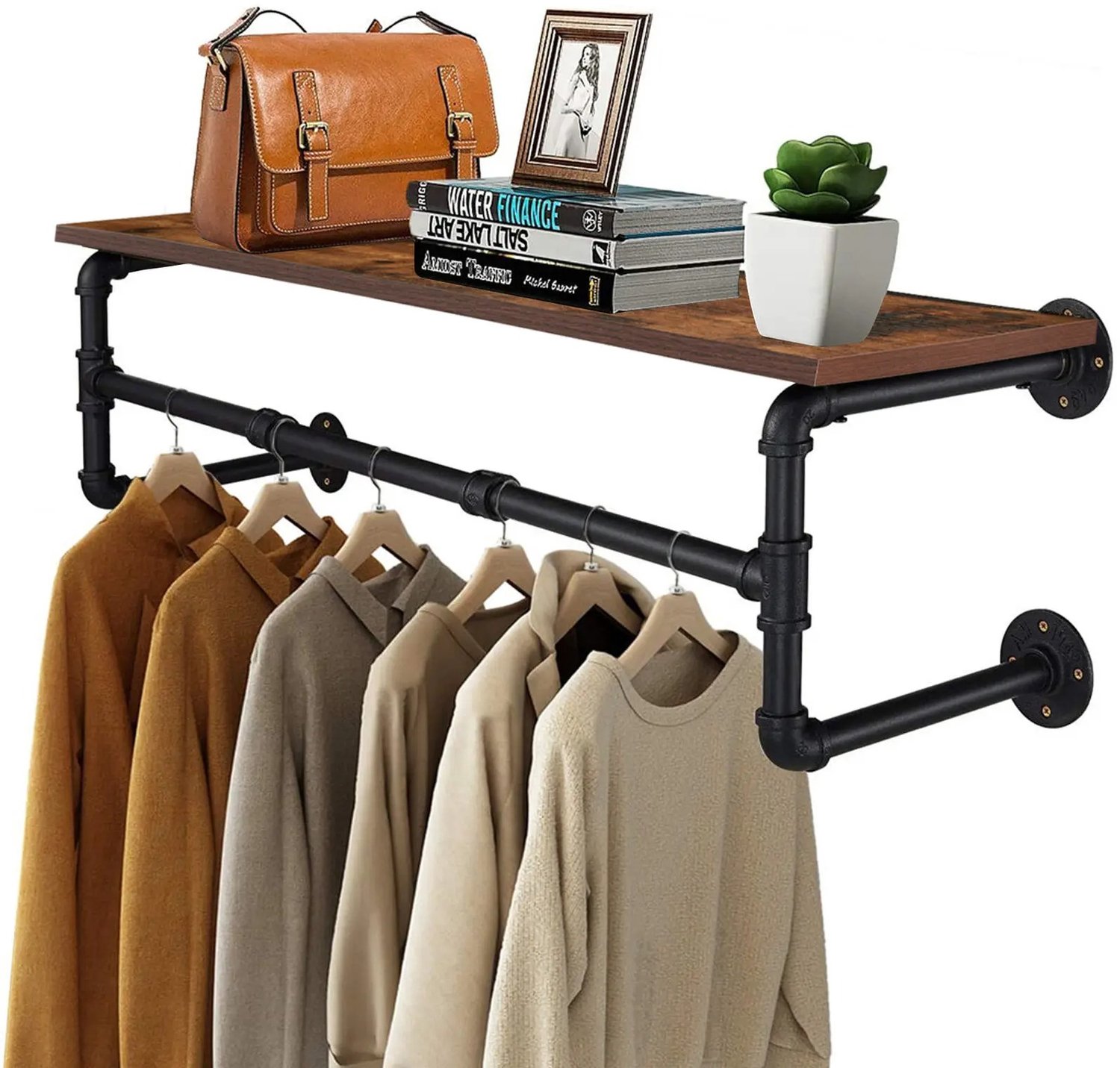 Nyoz industrieel pijpkledingrek - Kledingrek - Kledingstang - Wandmontage - Met houten plank - 100 cm - 3 haken - Zwart/bruin
