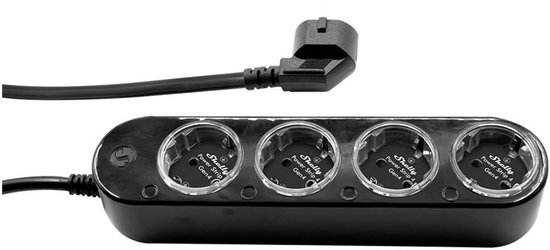 Zwarte Shelly Power Strip Gen4 met vier stopcontacten en een haakse stekker.