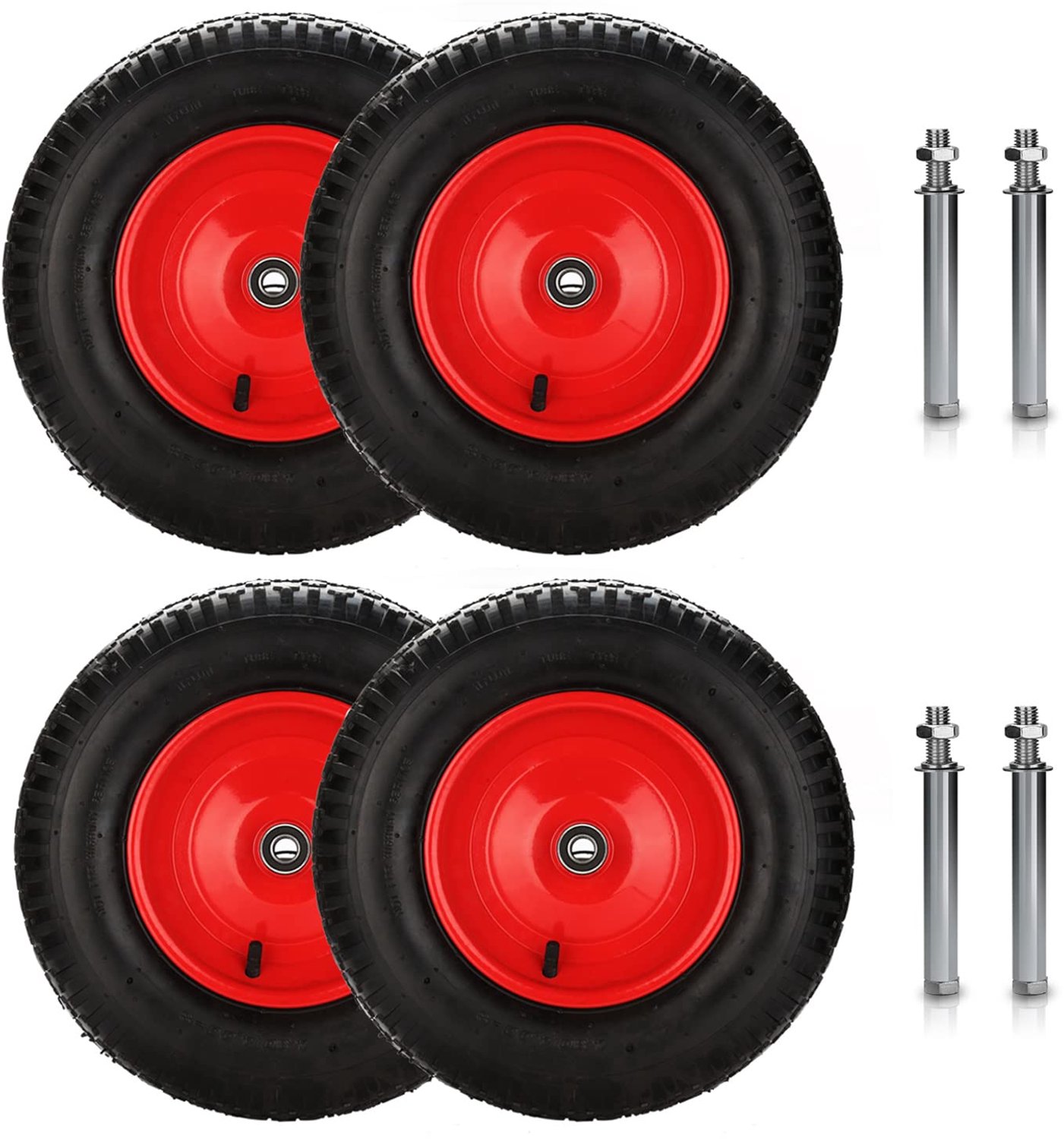 4 x kruiwagenwiel luchtbanden - reservewiel rubberen wiel kruiwagen wiel met as - 4.80/4.00-8 - diameter 390 mm - geelzwart/rood - banden met stalen velg