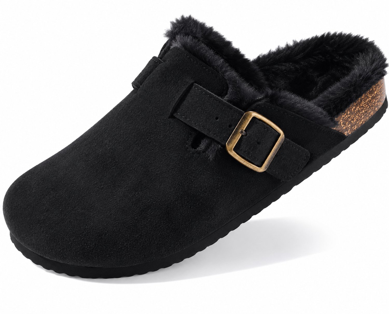 Dames Clogs – Warme Gevoerde Clogs met Gesp – Pantoffels – Stevige Zool – Zwart - maat 36 - Voetlengte 25 cm -