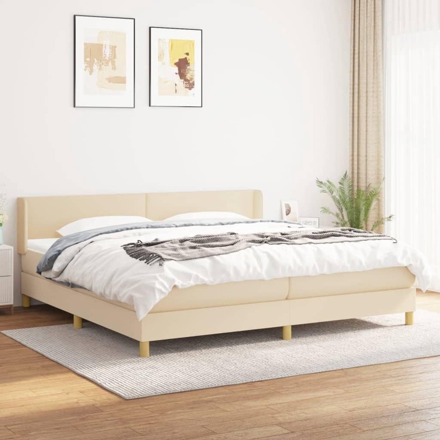 Boxspring met matras stof crèmekleurig 200x200 cm, pocketvering matras met verstelbaar hoofdbord, middelhard comfort voor rug- en buikslapers, inclusief huidvriendelijk met ademende bekleding