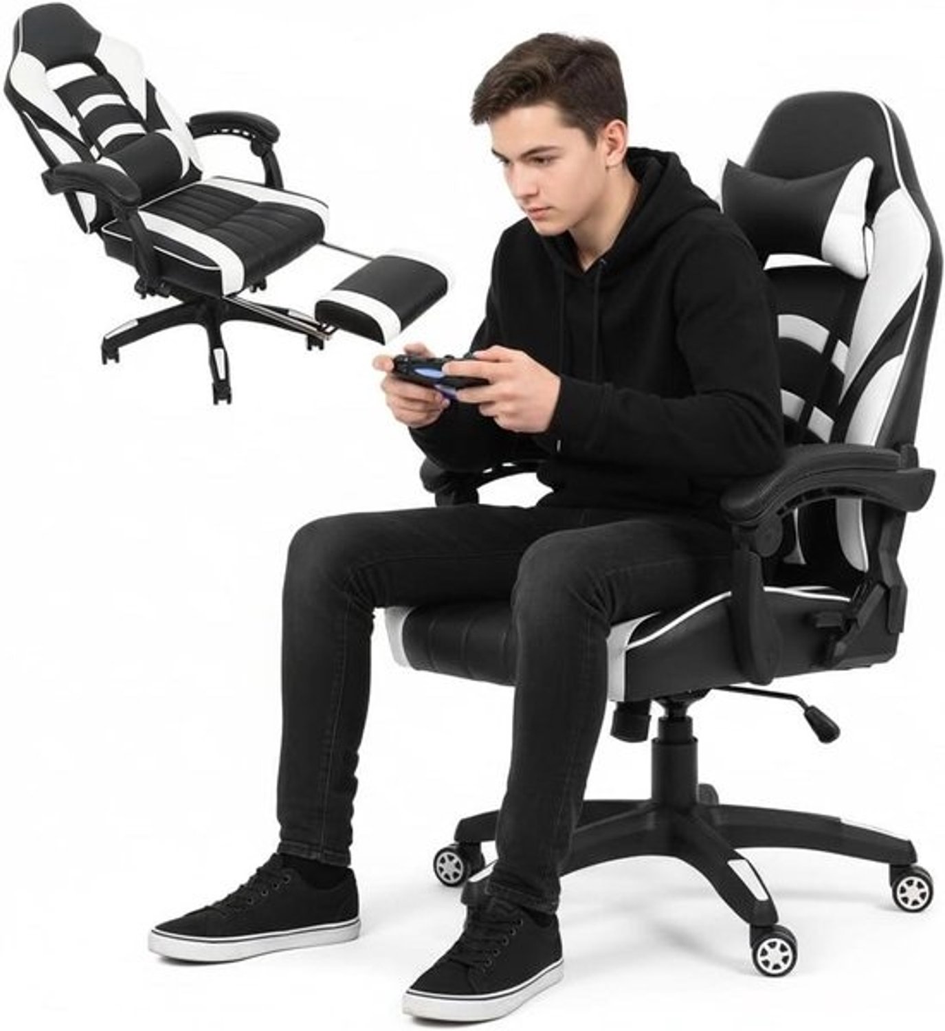 Gamingstoel met voetensteun - Bureaustoel en racestoel - Comfortabel zitten - Verstelbare rugleuning - XL - Wit