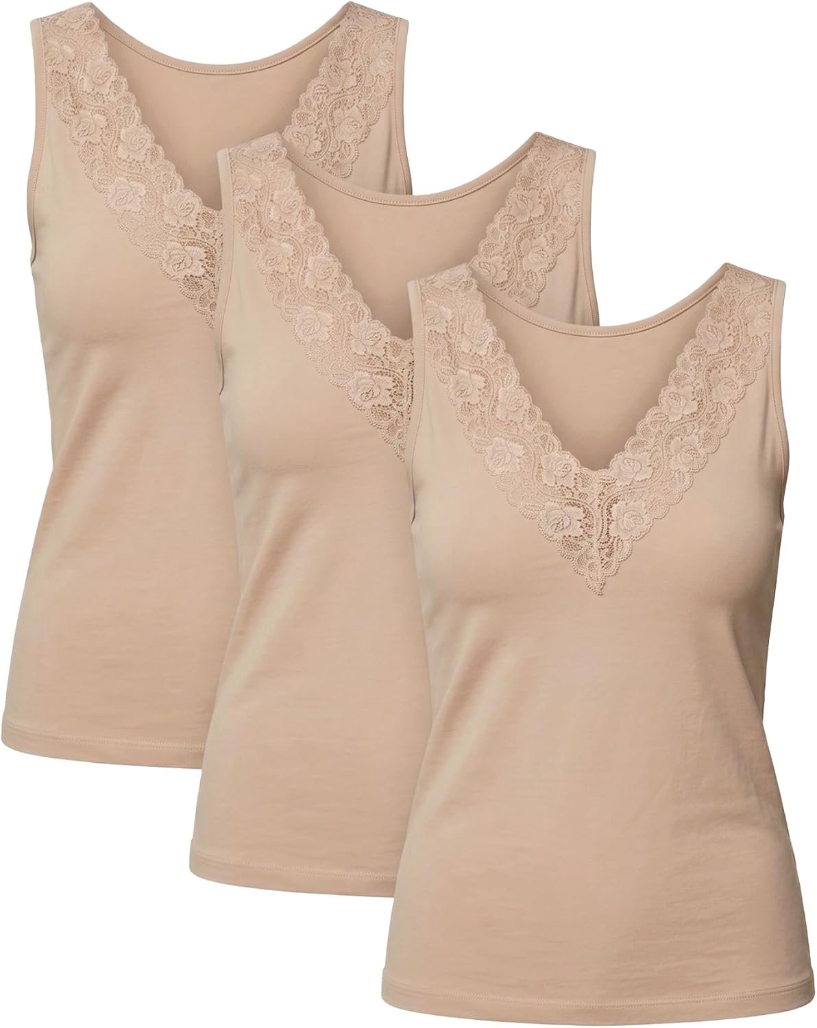 Set van 3 damestops met V-hals en kanten rand, elastische mouwloze basic camisoles, comfortabel nauwsluitend onderhemd, veelzijdige top voor dagelijks gebruik en vrije tijd