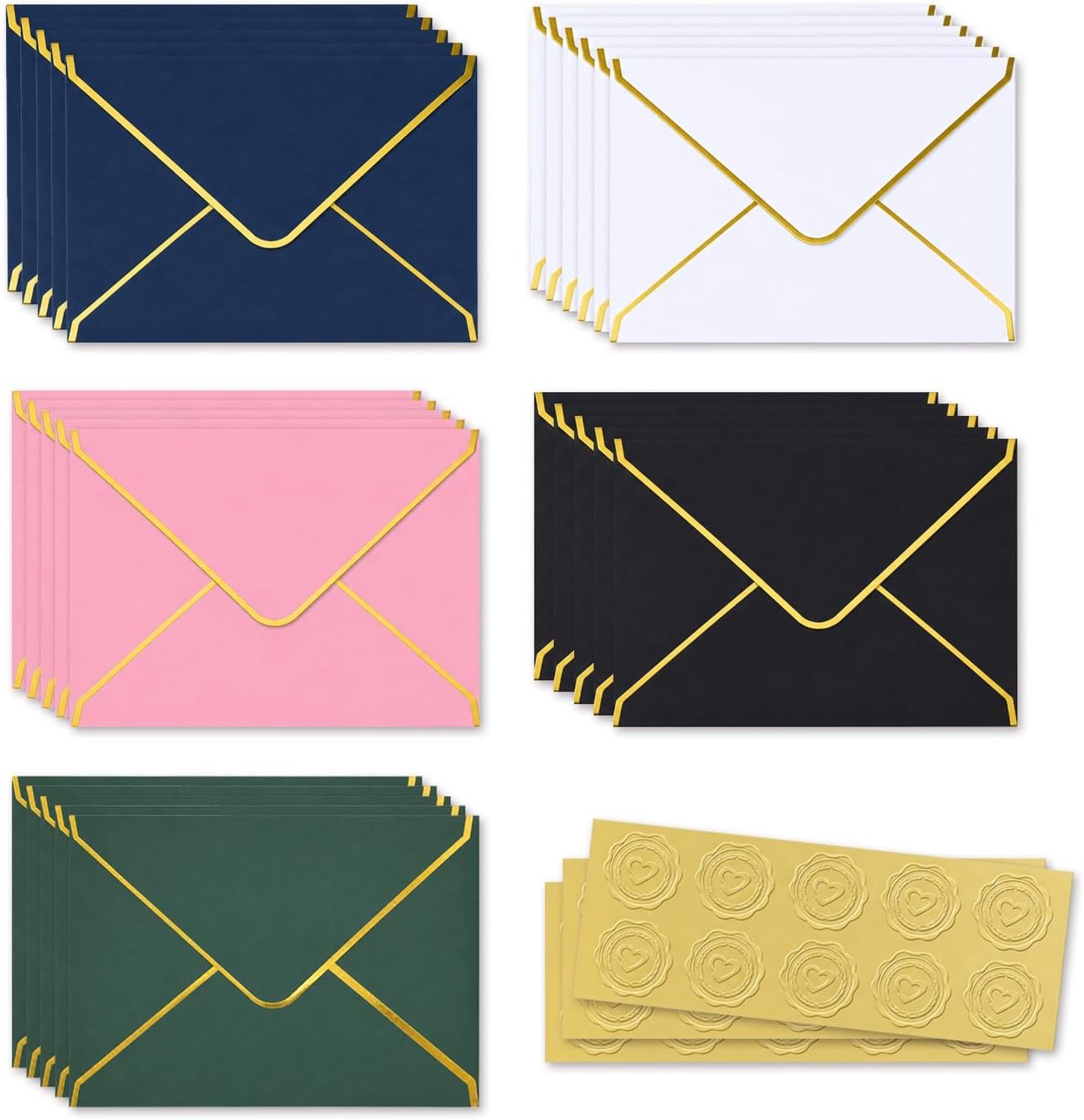 55 Stuks Enveloppen met Gouden Rand 13,5 x 18,5 cm, Gekleurde Bruiloft Enveloppen Set met Gouden Stickers, Roze Zwart Wit Cadeau-envelop voor Uitnodigingen en Kaarten