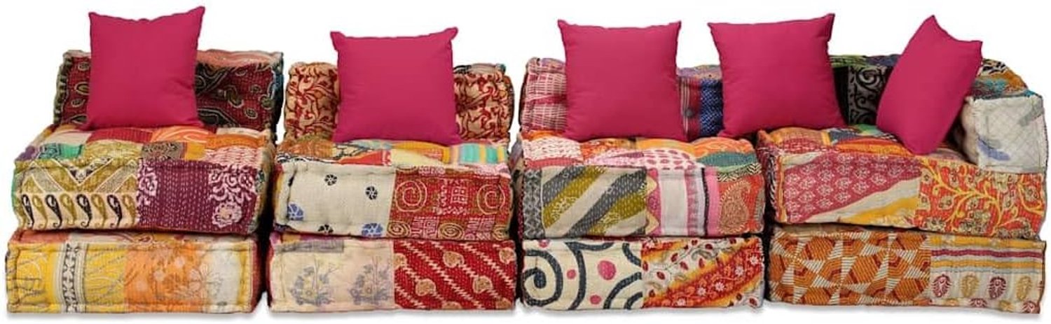 Zitpoef set van patchworkstof met 4 zitplaatsen, veelzijdig te gebruiken als bank, bed of chaise longue. De dikke vulling en katoenen hoezen zorgen voor extra zachte
