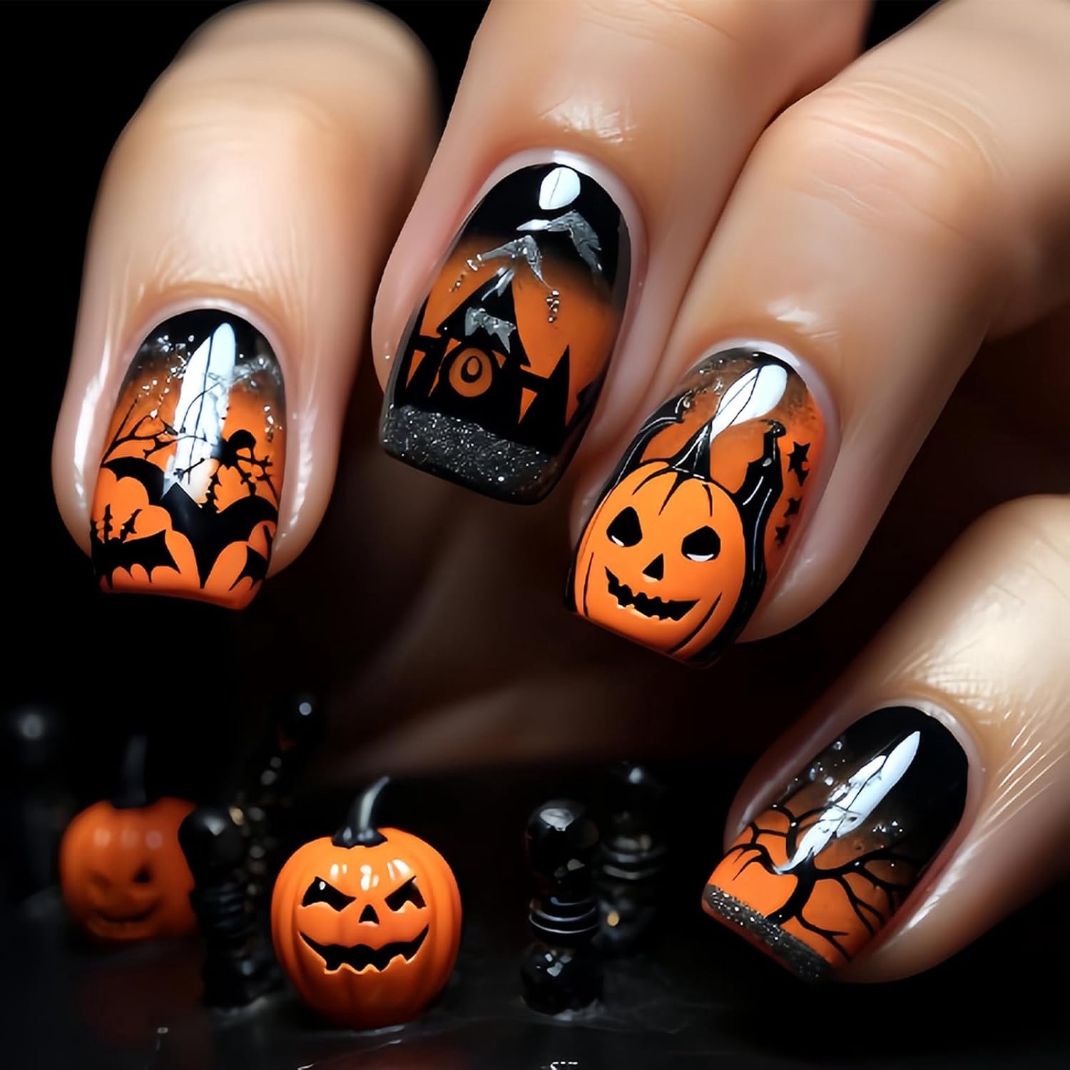 24 stuks Halloween pompoennagels om op te plakken, korte vierkante