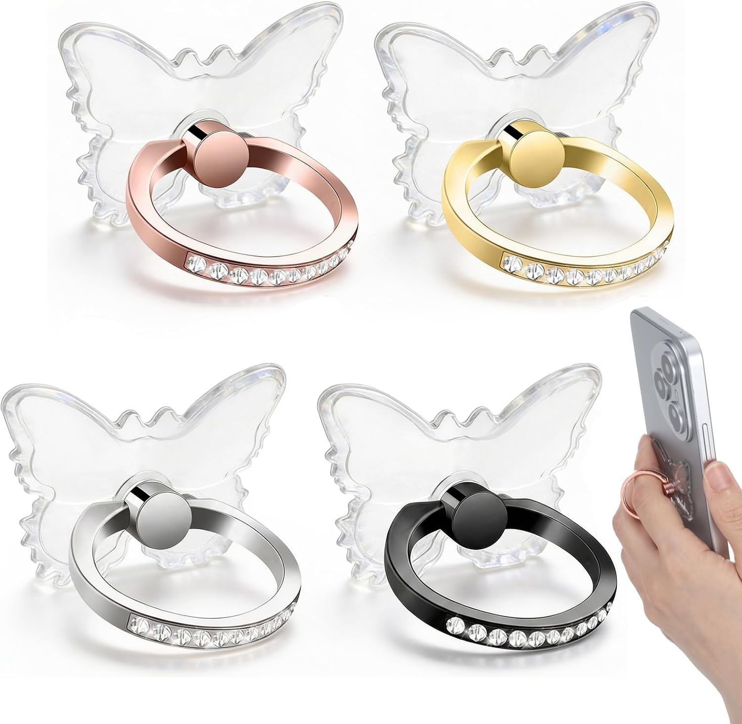 Ringhouder voor mobiele telefoon, 4 stuks, vlinder, 360° rotatie, transparant, zelfklevende telefoonringhouder, vingerstandaard, compatibel met mobiele telefoons, smartphones