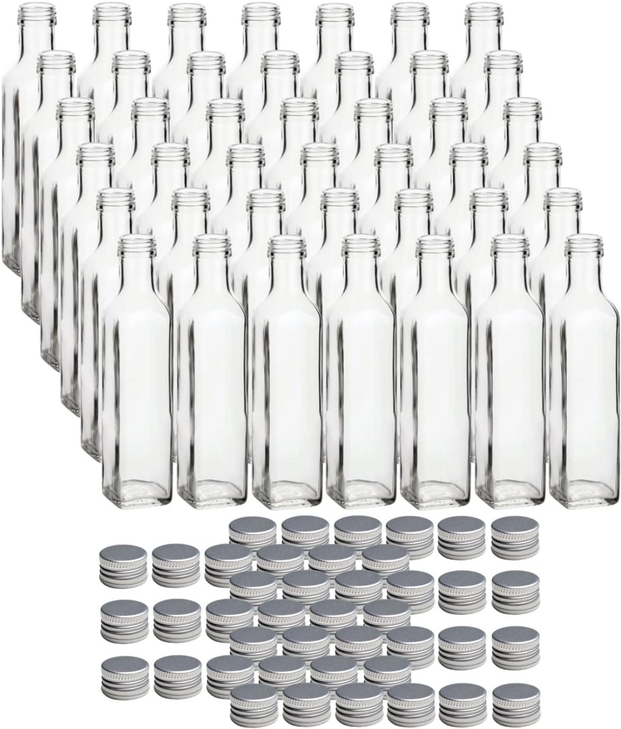 Flessen van 250 ml met zilverkleurige schroefdoppen PP31,5 – lege vierkante flessen voor likeur, siroop, olie en azijn (MFET250S)