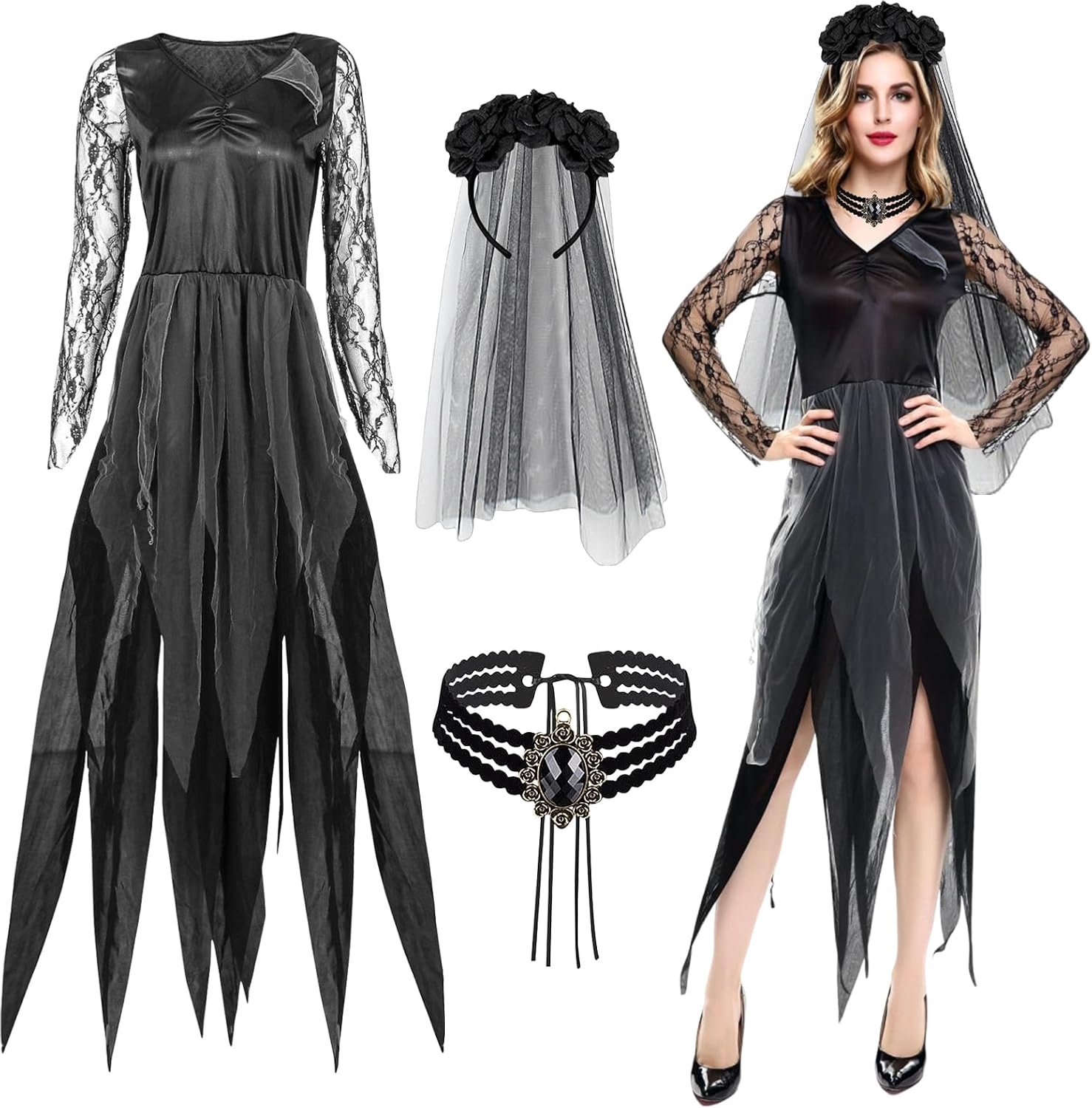 Halloweenkostuum voor dames, zombiebruid, carnavalskostuum dames, spookbruid, Halloweenkostuum, dames, zwarte horror, vampier, lange jurk, horrorkostuum, volwassenen, Halloween, carnaval