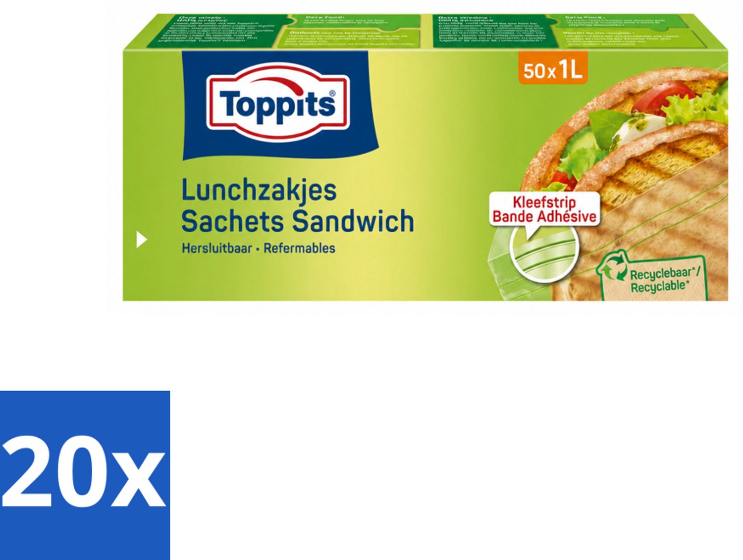 20 x Toppits – Lunchzakjes – Hersluitbaar – 1 Liter – 50 Zakjes - Voordeelverpakking - 20 stuks