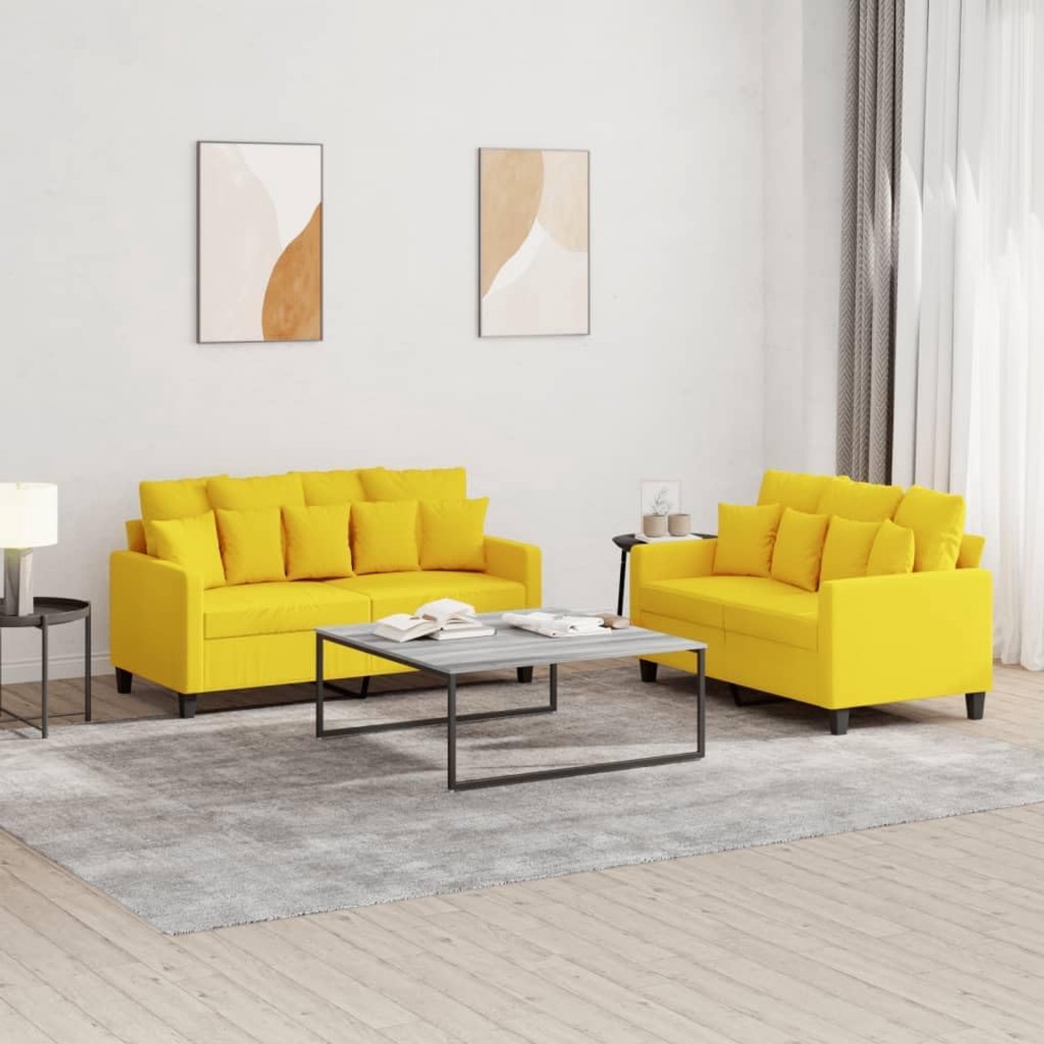 2-delige bankstel met kussen, lichtgele stof, comfortabel gestoffeerde meubels voor woonkamer, duurzame zitgroep met ademende bekleding en robuust metalen frame, gezellig