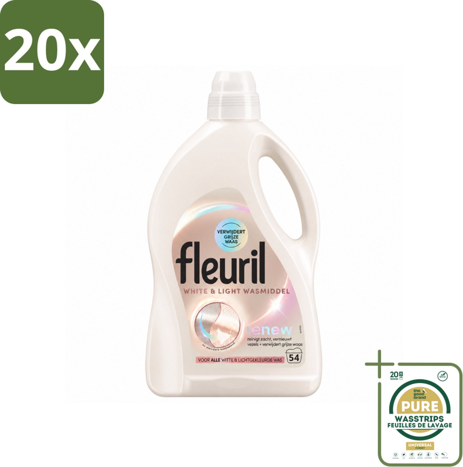 20 x Fleuril - Wasmiddel - White & Light Vloeibaar Wasmiddel - Witte & Lichte Was - 54 wasbeurten - Wasstrips - Wit Wasmiddel - Lichte Was - Fleuril White & Light - Wasmiddel Voor Witte Kleding - Wasmiddel Voor Lichte Kleding