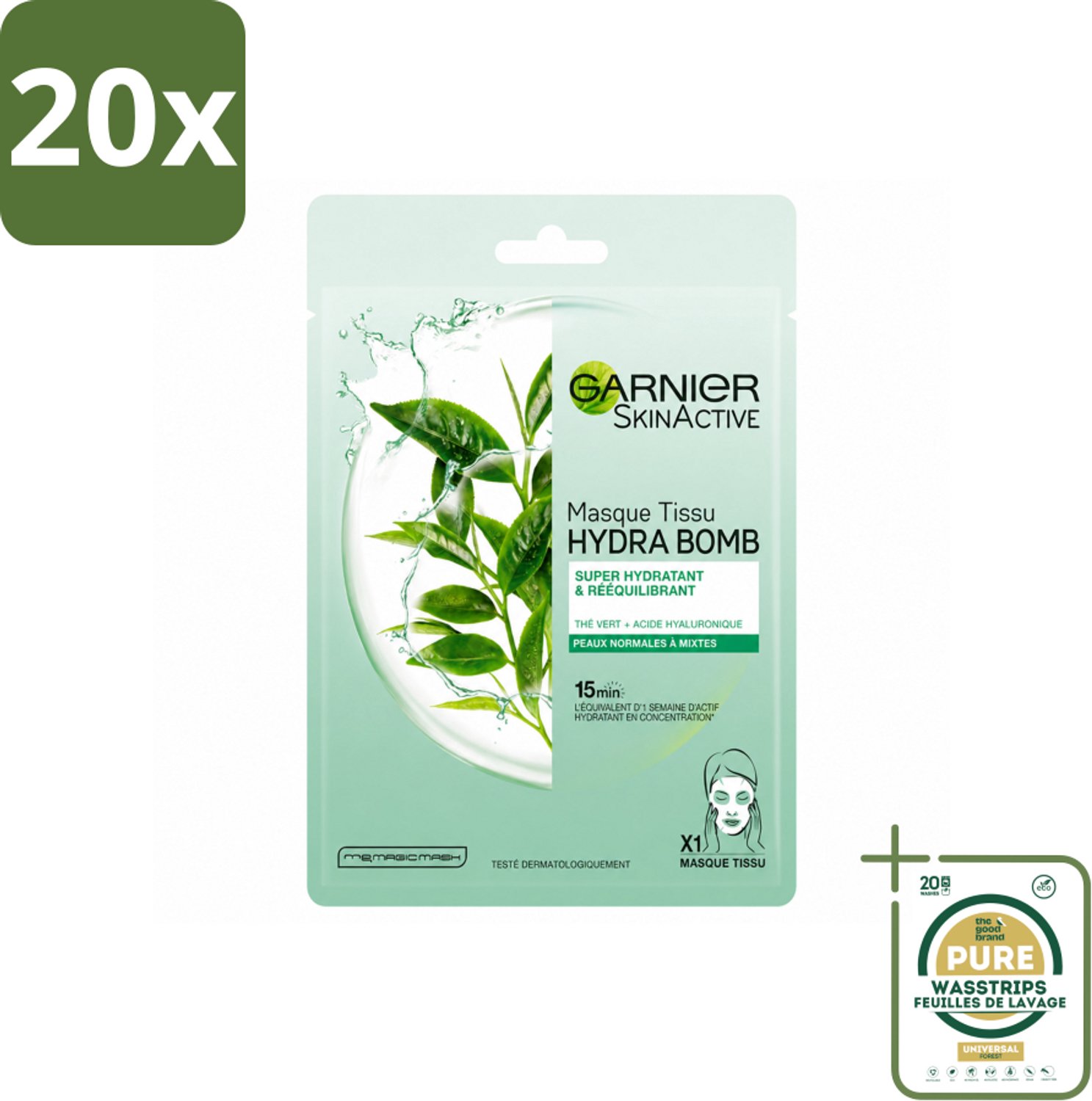 20 x Garnier - SkinActive - Hydra Bomb Tissue Masker - Groene Thee - 1 Gezichtsmasker - Wasstrips - Huidmasker - Hydratatie - Zuiveren - Fris Huid - Groene Thee