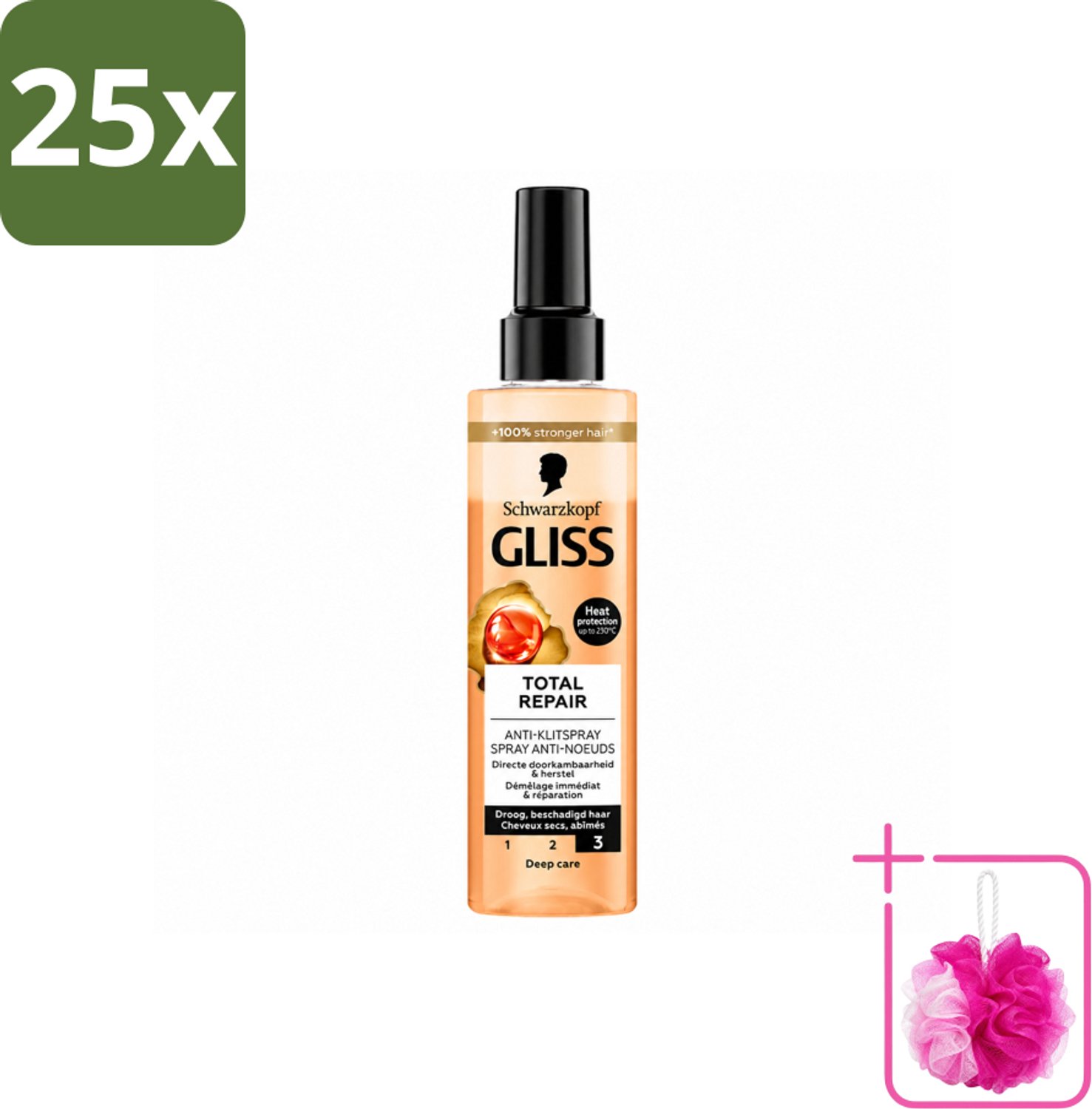 25 x Gliss - Total Repair Anti-Klit Spray - Voor Beschadigd en Droog Haar - 200 ml - Bulkverpakking - Haarkleur - Douchemop - Haarherstel