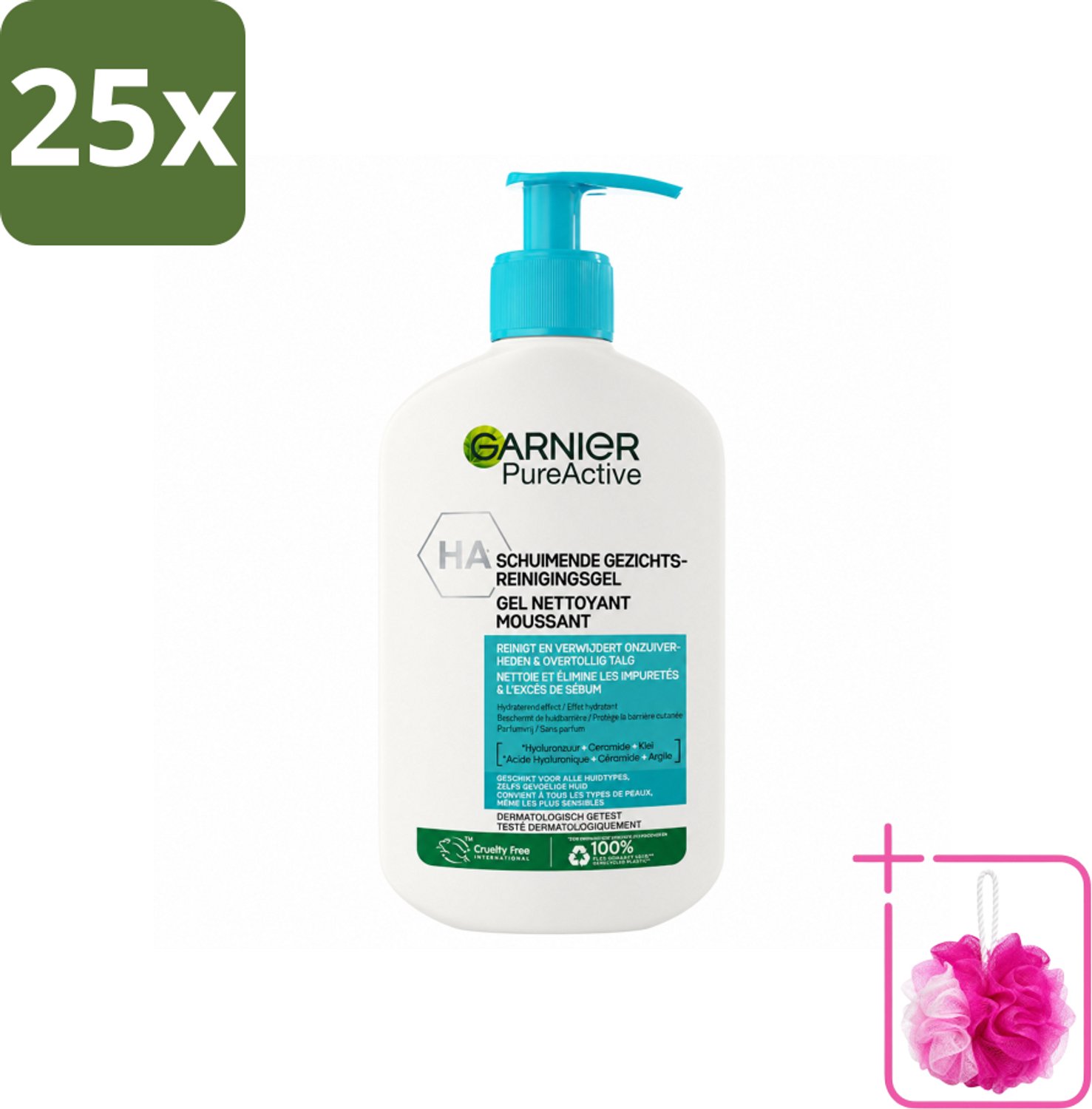 25 x Garnier - Pure Active - Gezichtsreiniger - Hydraterend - 250 ml - Bulkverpakking - Gezichtsreiniger - Douchemop - Hydraat