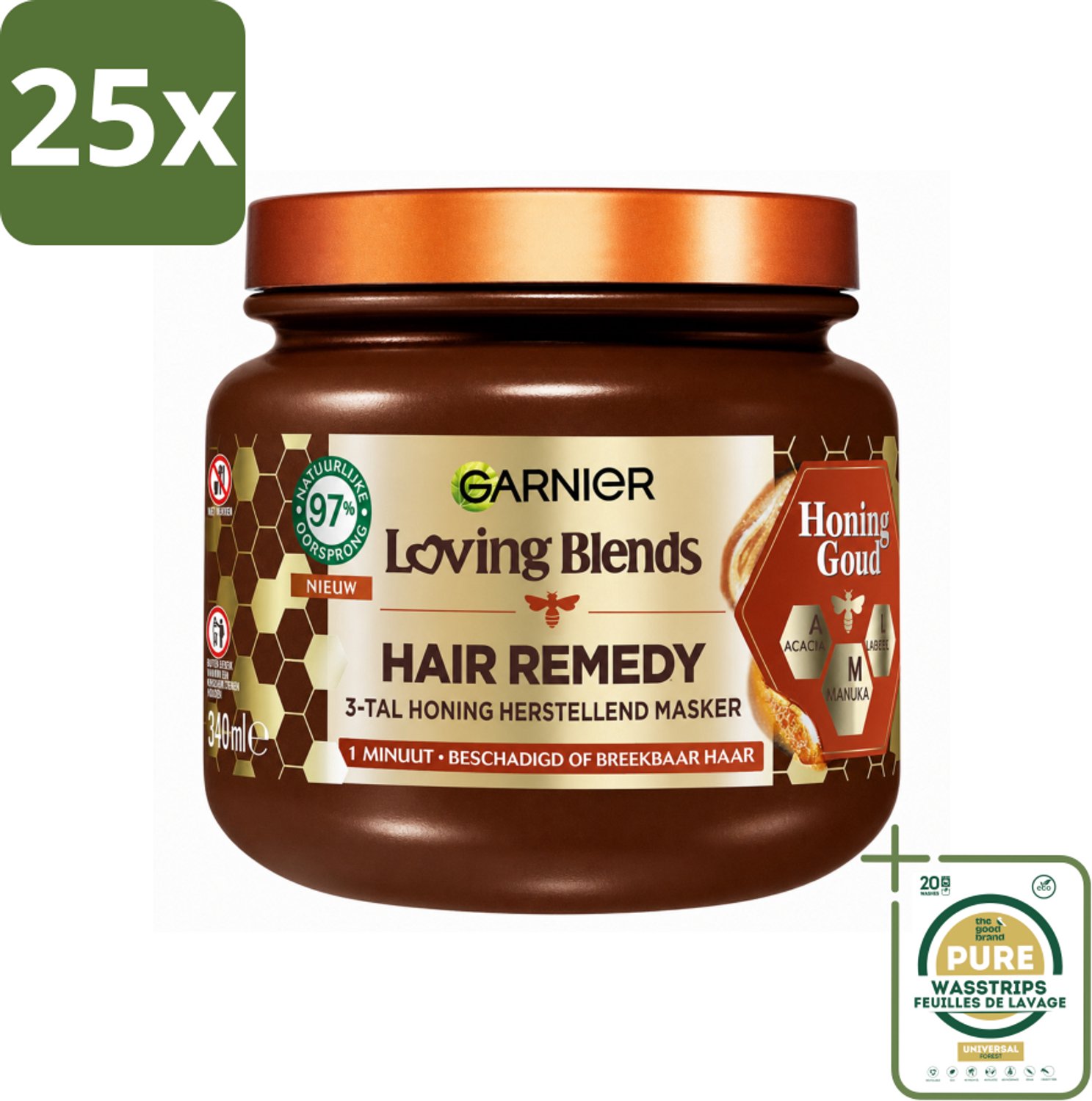 25 x Garnier - Loving Blends Honing Goud - Hair Remedy Haarmasker - Beschadigd & Breekbaar Haar - 340 ml - Wasstrips - Haarherstel - Haarmasker - Haarscheuren - Haarbreuk - Gespleten Punten
