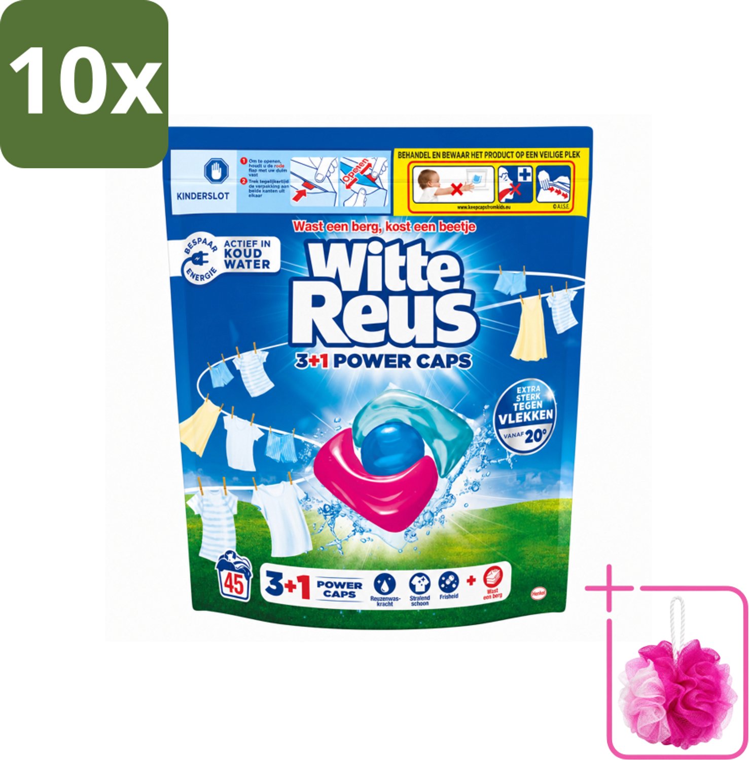 10 x Witte Reus - 3+1 Power Caps - Witte Was - 45 Wasbeurten - Bulkverpakking - Witte Reus Power Caps - Douchemop - Waskracht