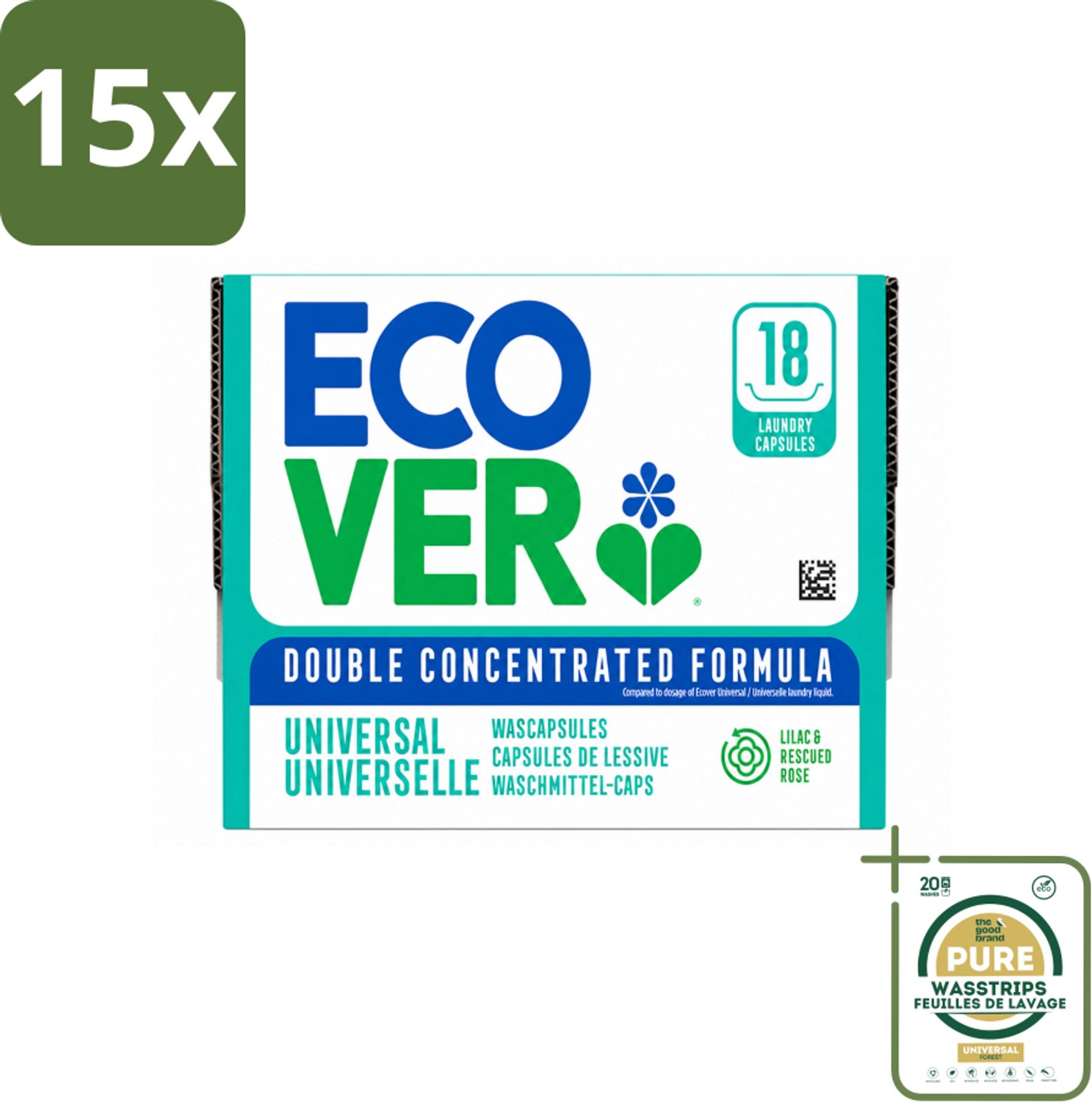 15 x Ecover - Wascapsules - Universal - Lilac & Rescued Rose - 18 Capsules - Wasstrips - Wasmiddel - Wascapsules - Wascapsules Universal - Wascapsules Lilac - Wascapsules Rose