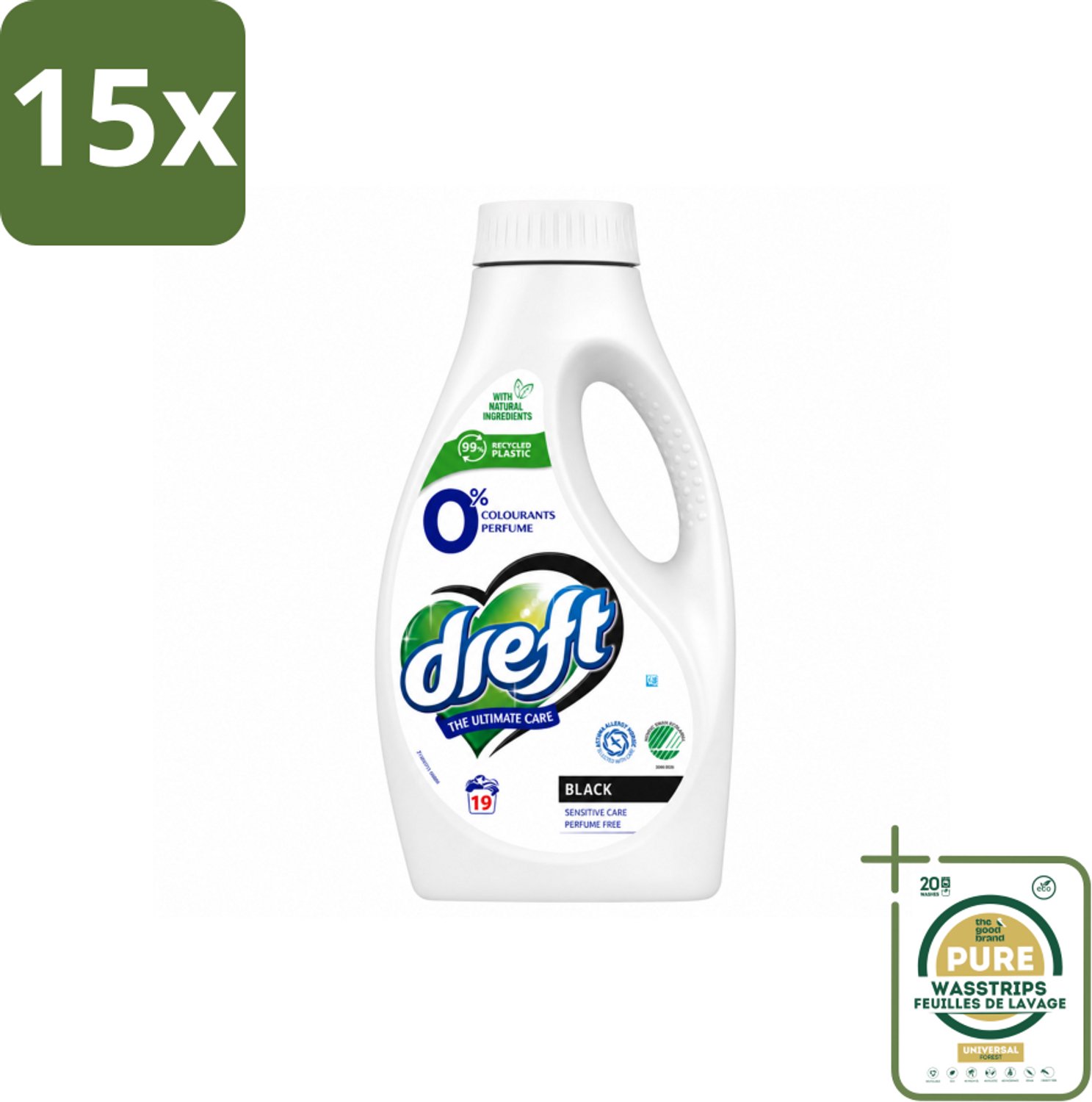 15 x Dreft - Vloeibaar Wasmiddel - 0% Donkere Was - Kleurbescherming - 19 Wasbeurten - Wasstrips - Donkere Was - Gevoelige Huid - Kleurbescherming - Parfumvrij - Milde Was