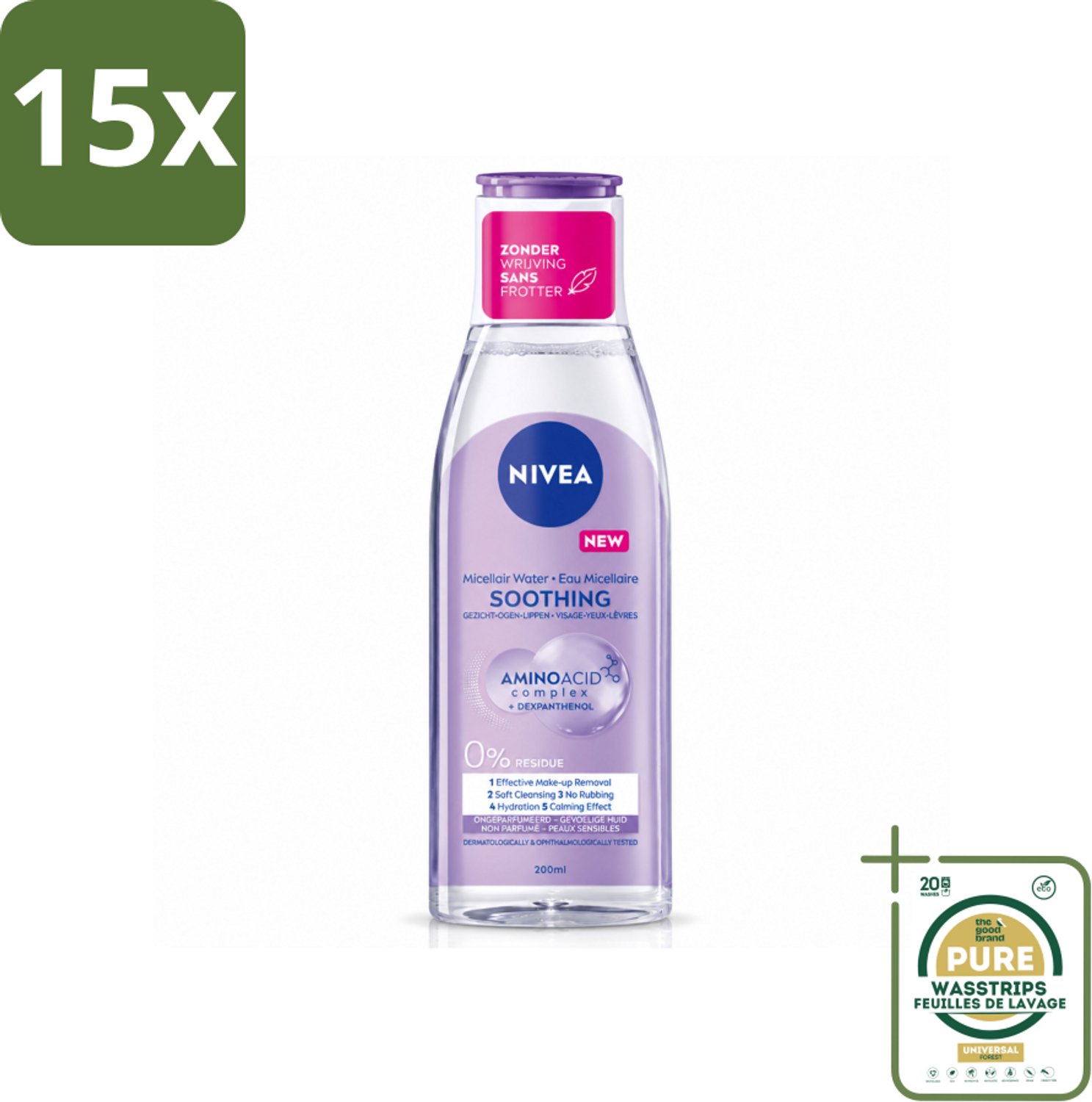 15 x NIVEA - Micellair Water - Gevoelige Huid - Anti-Restant - Verwijdert Waterbestendige Make-up - 200 ml - Wasstrips - Gevoelige Huid - Micellair Water - Reinigingsmiddel - Make-up Remover - Anti-residu
