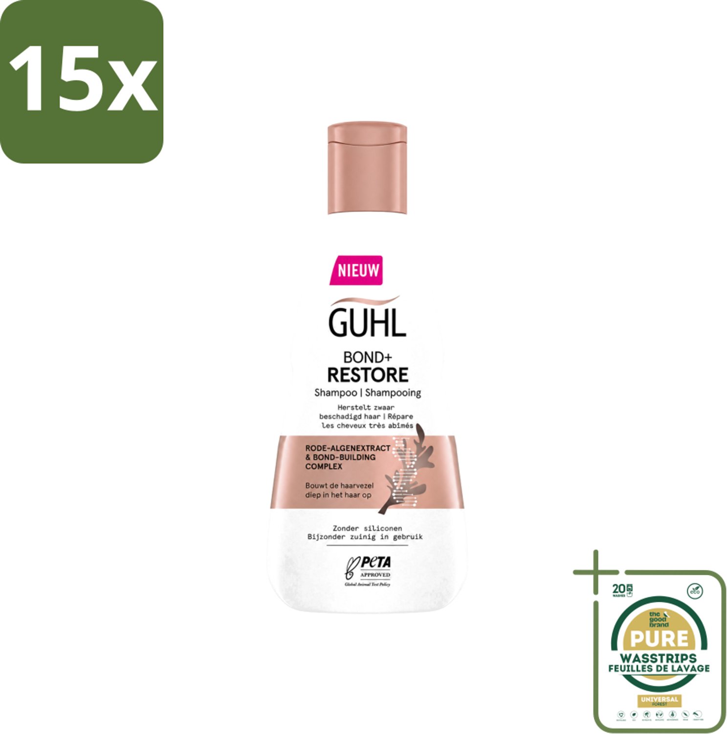 15 x Guhl - Shampoo - Bond+ Restore - 250 ml - Wasstrips - Herstel Haar - Beschadigd Haar - Zwaar Beschadigd Haar - Haar Herstellen - Haar Versterken