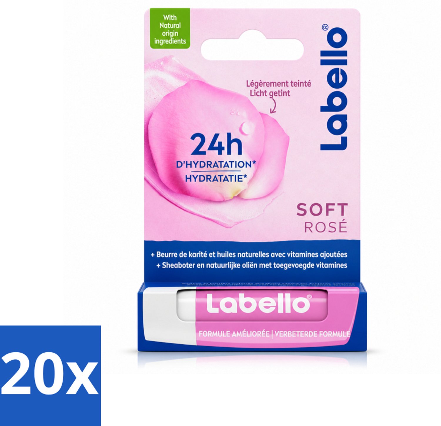 20 x Labello – Lippenbalsem – Soft Rosé – Lippenbalsem – 24H Hydratatie - Voordeelverpakking - 20 stuks