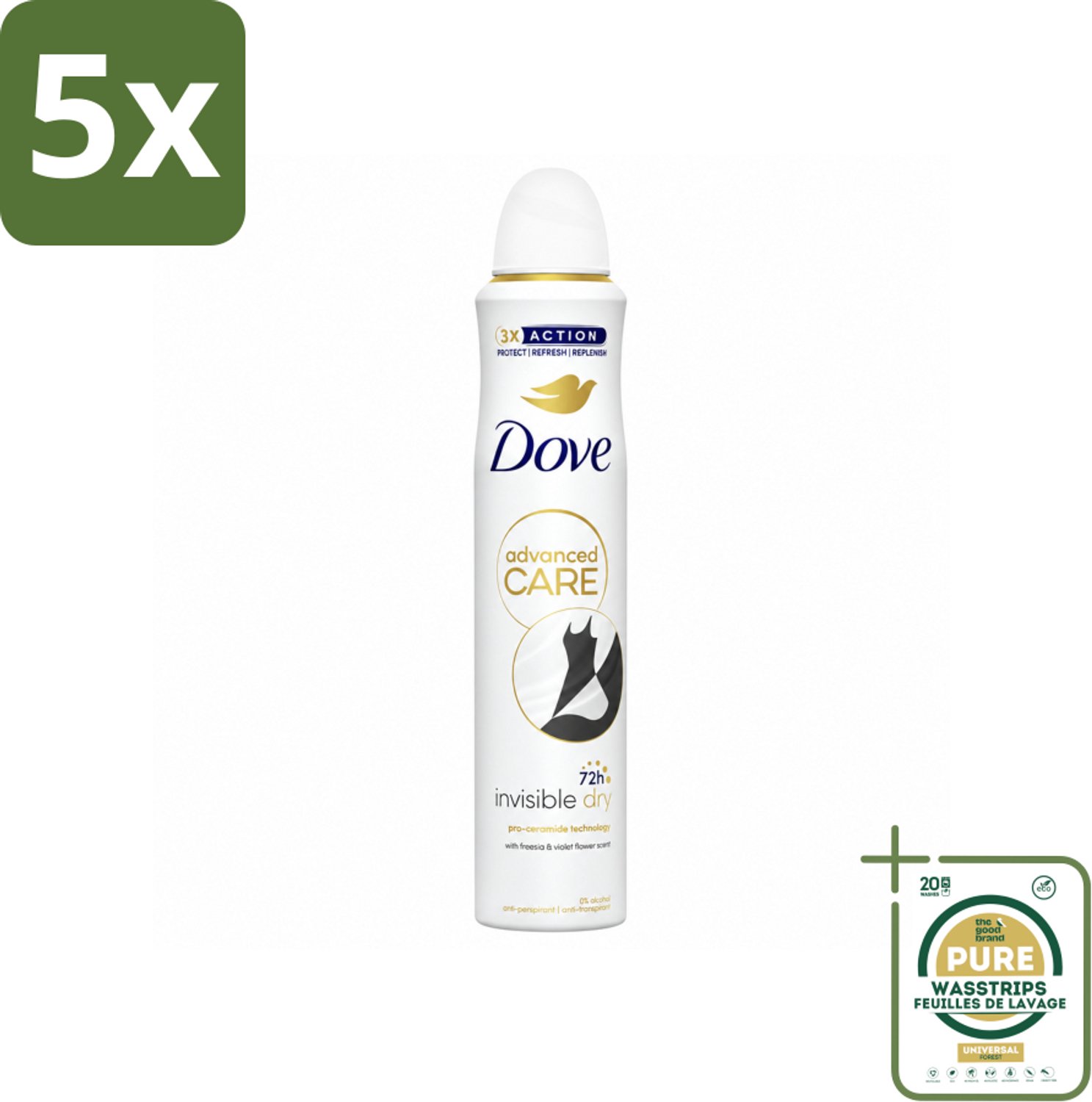 5 x Dove Deodorant Spray - Invisible Dry - 200 ml - Wasstrips - Deodorant Spray - Onzichtbare Bescherming - Anti-Sweat - Geur - Okselbescherming