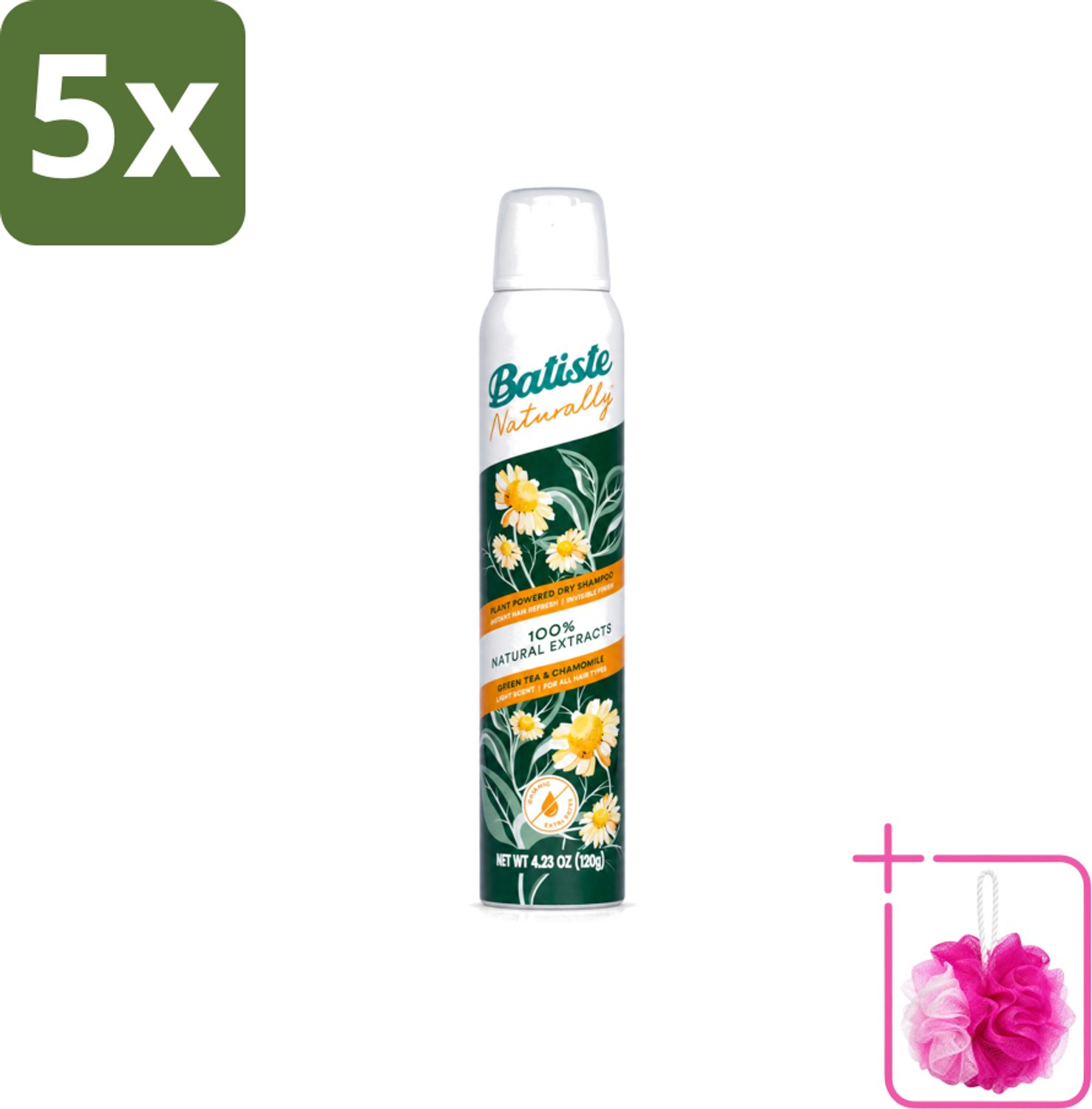 5 x Batiste - Naturally Green Tea & Chamomile - Droogshampoo - 100% Natuurlijke Extracten - Verfrist en Zuivert - 200ml - Bulkverpakking - Natuurlijke haarverzorging - Douchemop - Droogshampoo