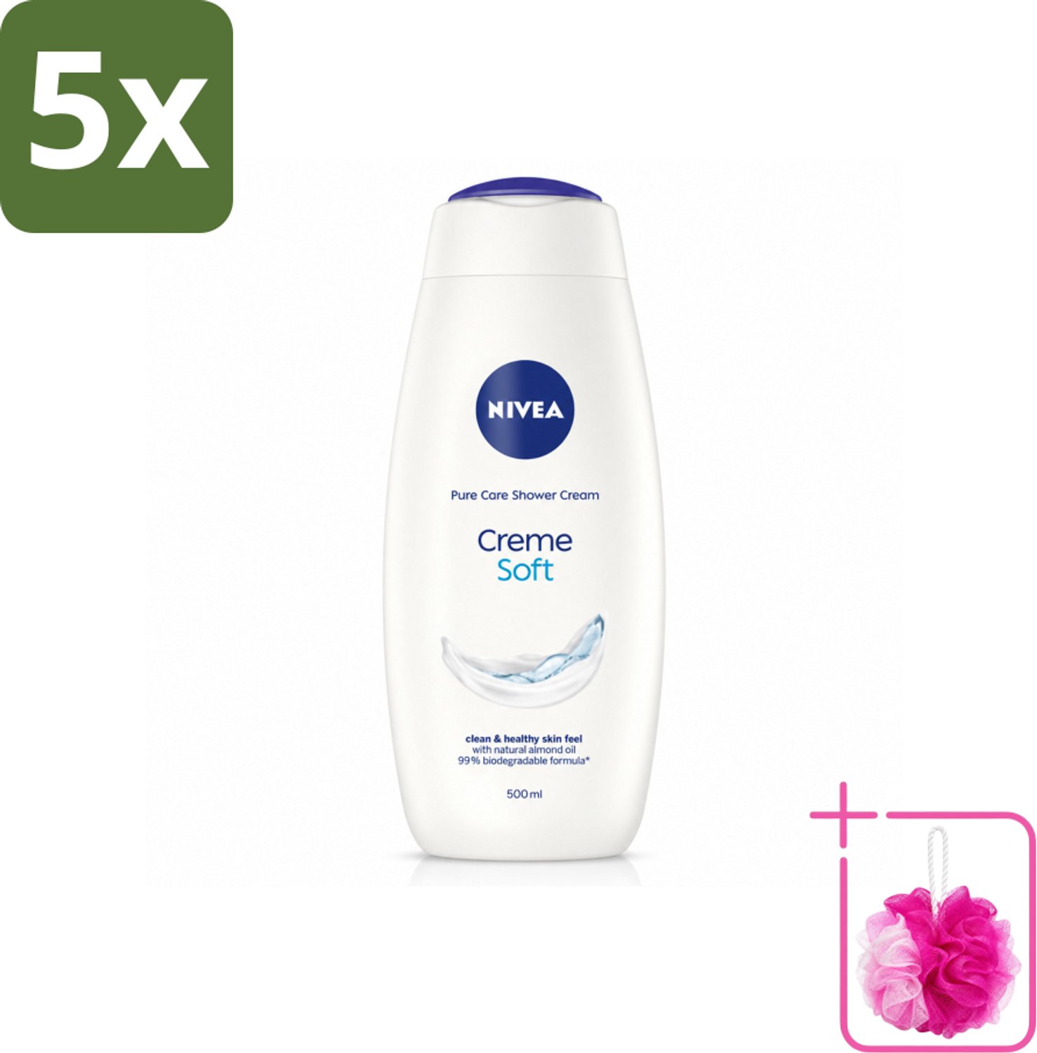 5 x NIVEA - Douchecrème - Zacht - Huidbeschermend - Amandelolie - 500 ml - Bulkverpakking - Douchecrème - Douchemop - Huid verzorgen