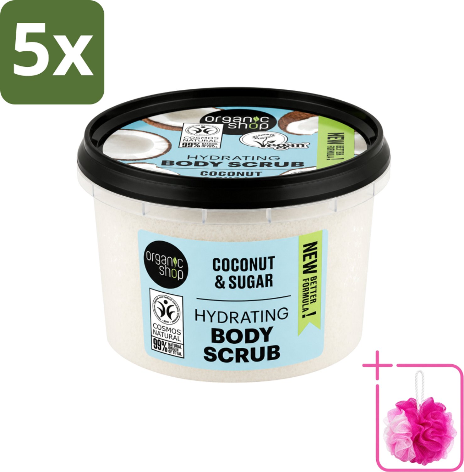 5 x Organic Shop - Hydrating Body Scrub Coconut - Diep Voedend - 250 ml - Bulkverpakking - Hydratatie - Douchemop - Exfoliatie