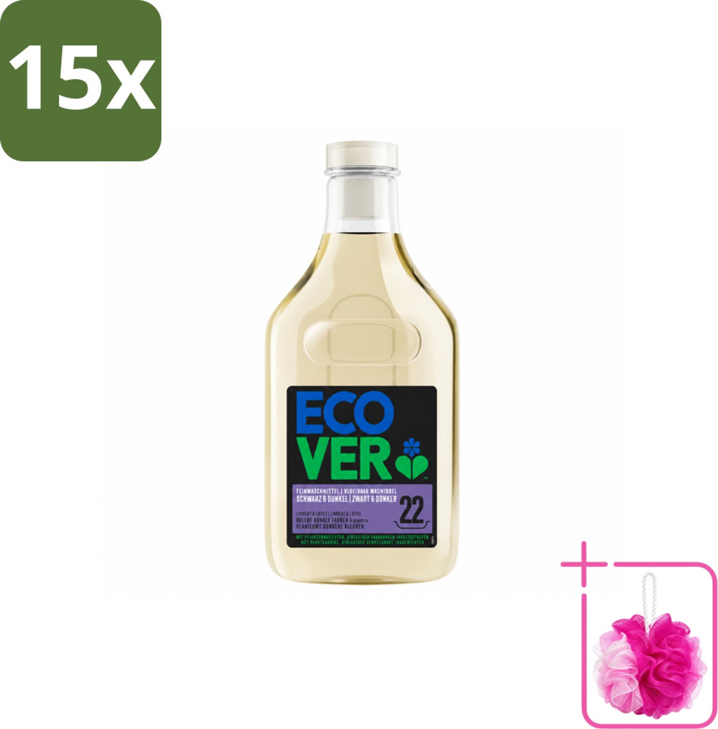 15 x Ecover - Vloeibaar wasmiddel - Zwart & Donker - 1 liter - 22 wasbeurten - Bulkverpakking - Donker wasmiddel - Douchemop - Kleurbehoud