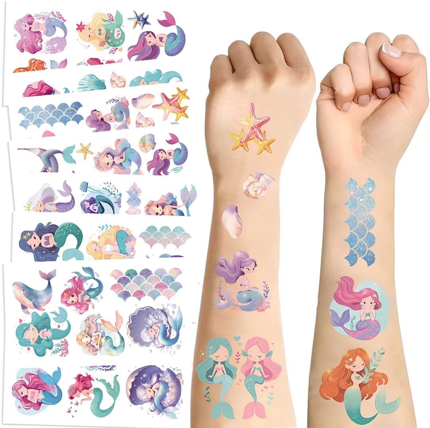 20 dierentatoeages voor kinderen, zeemeermin-tattooset voor kinderen, huidvriendelijk, bladeren, waterkleuren, dieren, tijdelijke tatoeages, schoolzakvulling, zeemeermin-tatoeages, decoratie