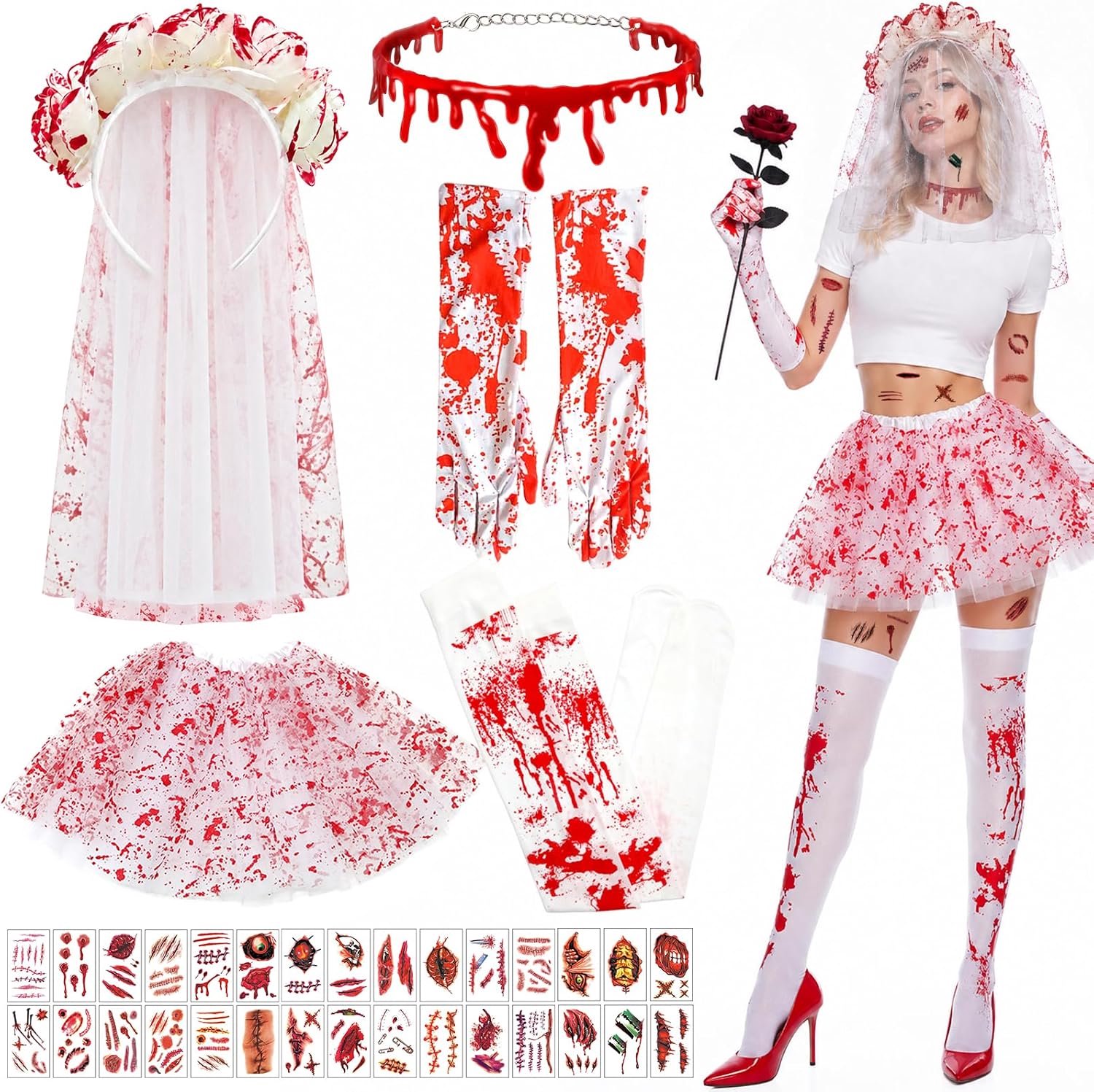 Halloweenkostuum voor dames, bloedige zombie-bruid-kostuumset, 7-delig, horror bruid accessoires met sluier, bloed bevlekte rok, kousen, handschoenen, halsketting, rozen en tatoeages voor Halloween