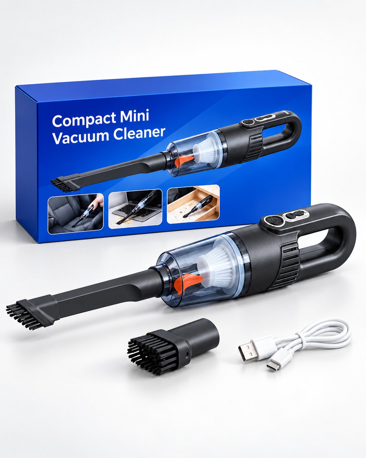 Draadloze Handstofzuiger voor Auto & Huis – Oplaadbare Mini Kruimeldief met USB-C – Compacte Autostofzuiger met HEPA-Filter, Kierenhulpstuk & Borstelopzetstuk – Voor Auto, Keuken & Woonkamer