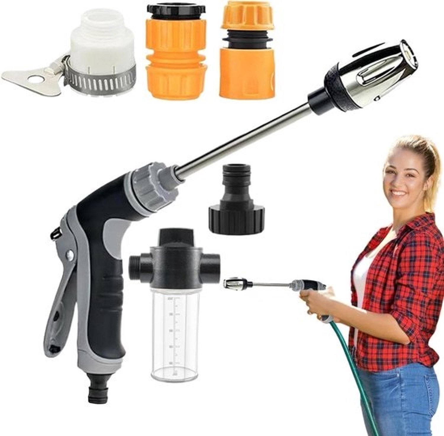 Compacte hogedrukreiniger - Krachtige sproeier - Buiten schoonmaken - Verstelbare sproeistanden - 36 cm - Zilver