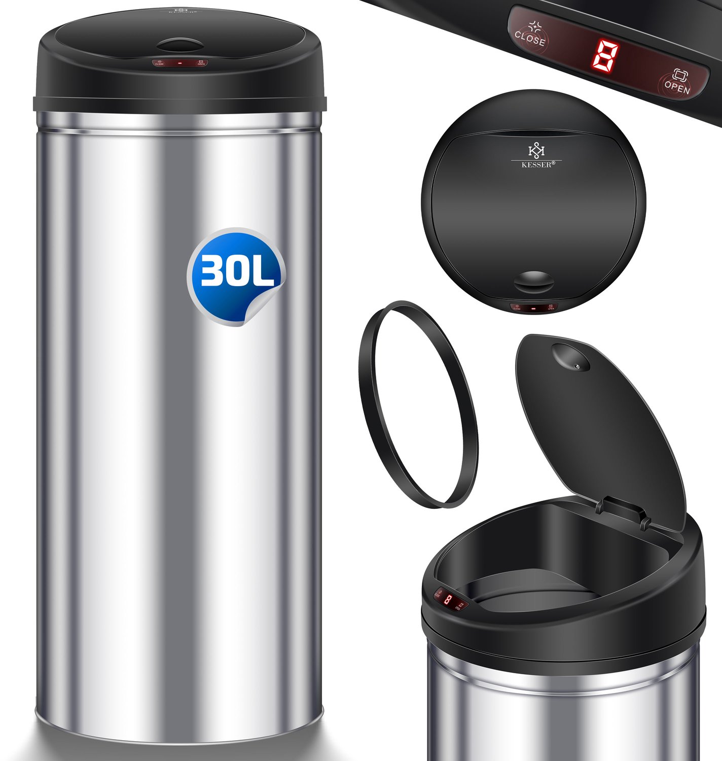 KESSER® Prullenbak - Prullenbak met sensor - Automatische Sensor Afvalemmer Infrarood Sensor - Vuilnisbak met Elektrische Deksel / Vingerafdrukvrij - STAINLESS STEEL Papierafvalemmer - 30 Liter, Zilver