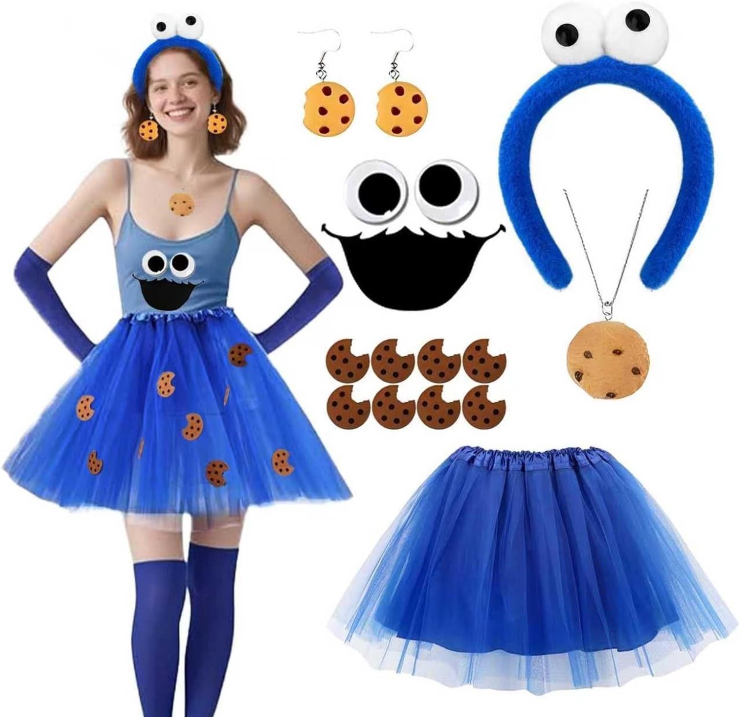 Vrouwelijk Cookie Monster Kostuum met Blauwe Tulle Rok, Monster Oorbellen en Ketting voor Carnaval en Halloween Cosplay Accessoires