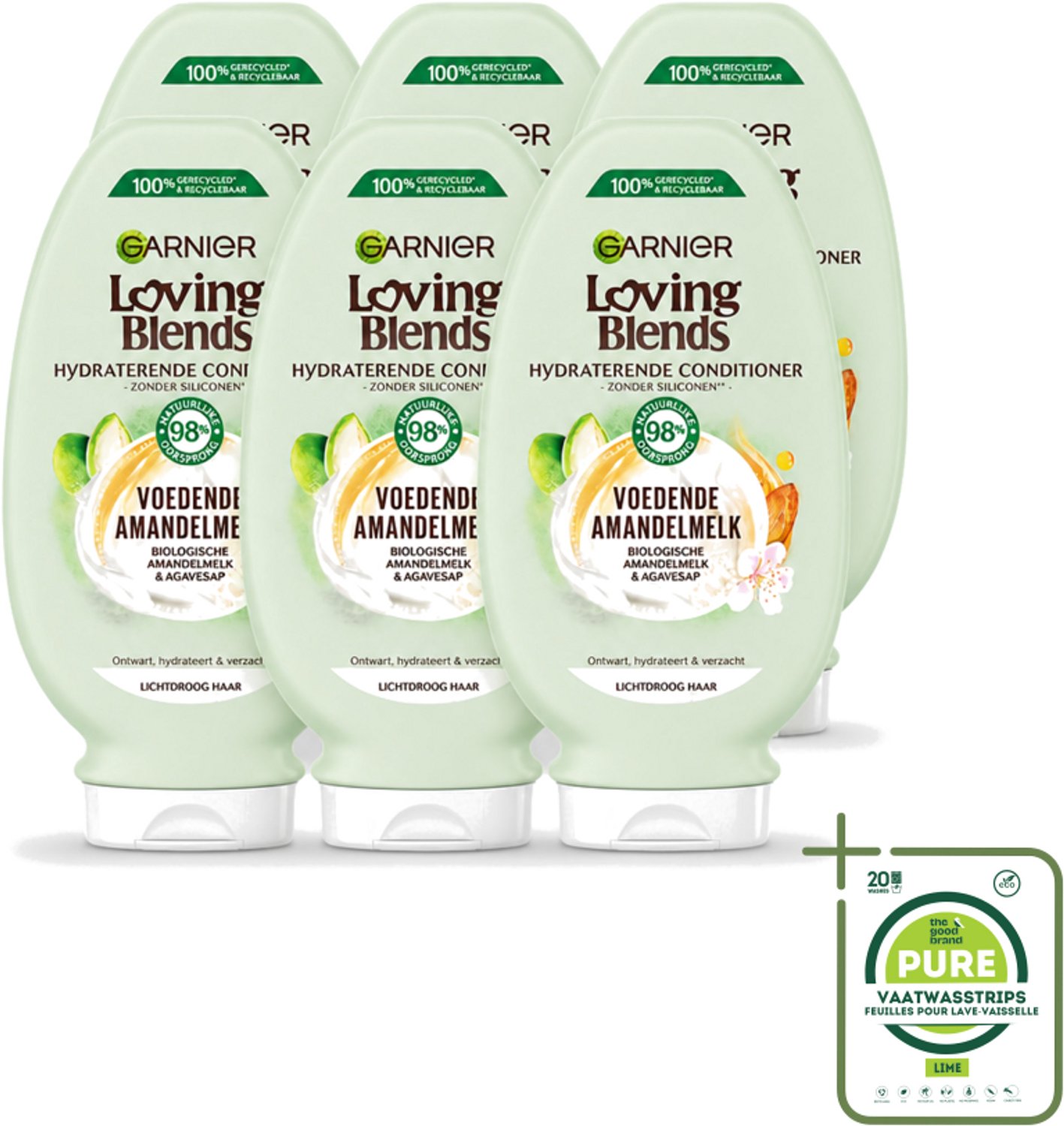 6 x Garnier - Loving Blends - Conditioner - Voedende Amandelmelk - Lichtdroog Haar - 250 ml - Grootverpakking - Vaatwasstrips - Voedende Amandelmelk Conditioner - Lichtdroog Haar - Hydraatatie - Natuurlijke Ingrediënten - Biologisch Haarverzorging