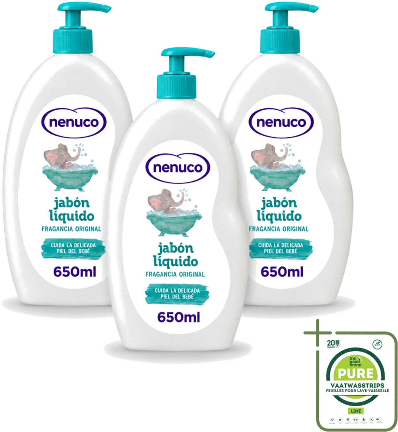 3 x Nenuco - Jabon Líquido - Vloeibare Zeep - Originele Geur - Met Doseerpomp - 650 ml - Grootverpakking - Vaatwasstrips - Vloeibare Zeep - Zeep Voor Baby - Handzeep - Douchegel - Badzeep