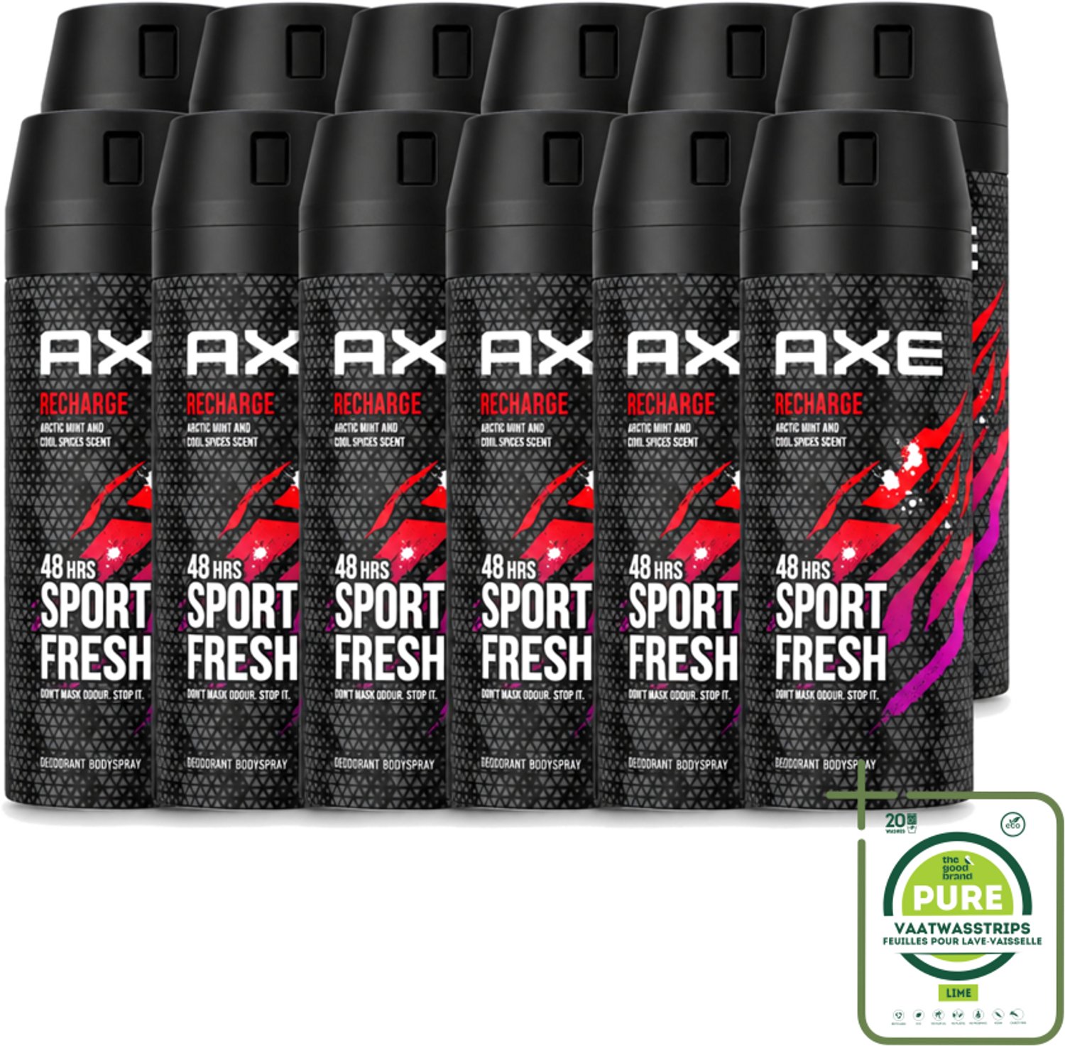 12 x Axe - Deodorant Bodyspray - 48hrs Sport Fresh - Recharge - Arctic Mint & Cool Spices - 150 ml - Grootverpakking - Vaatwasstrips - Deodorant - Bodyspray - Sport Fresh - Axe - Geur