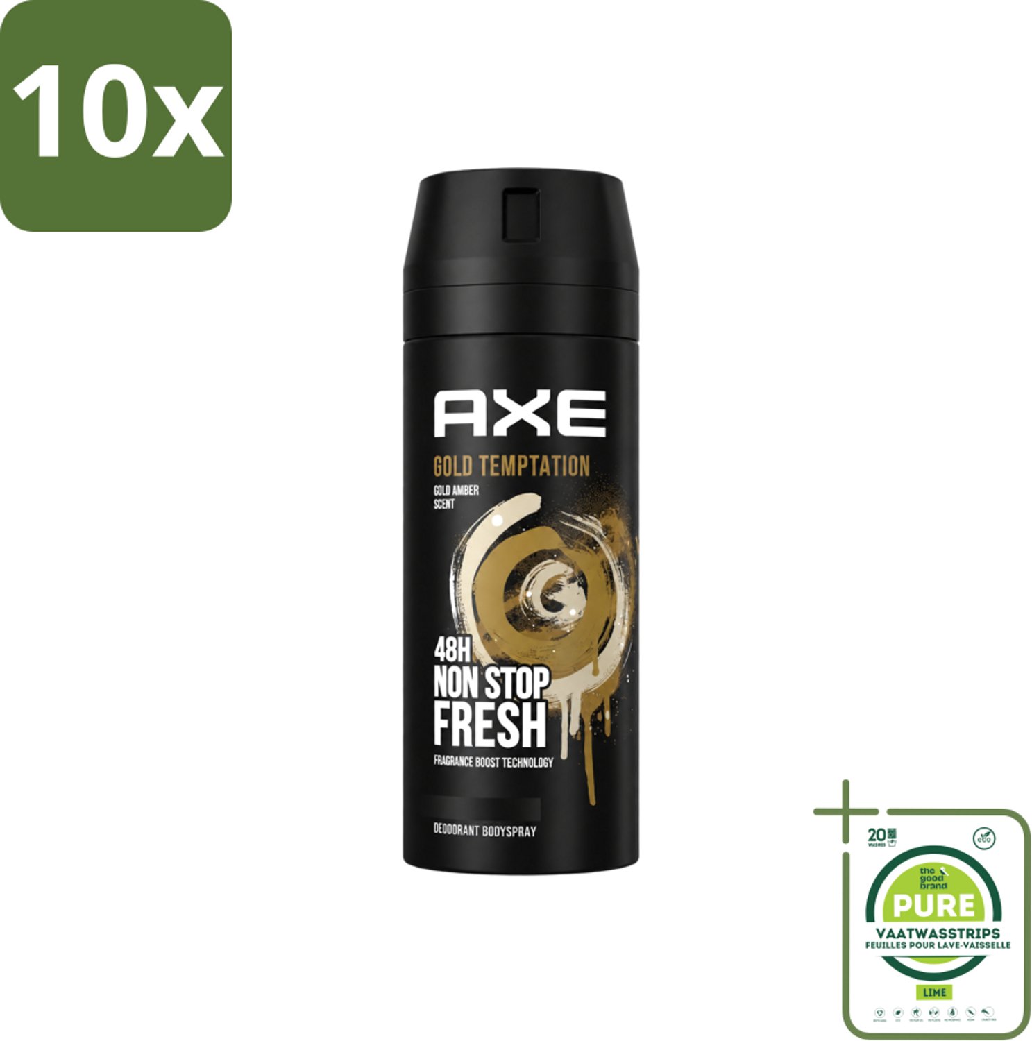 10 x Axe - Deodorant Bodyspray - 48hrs Non Stop Fresh - Gold Temptation - Gold Amber - 150 ml - Grootverpakking - Vaatwasstrips - Deodorant - Bodyspray - Frisheid - Geur - Geurbescherming