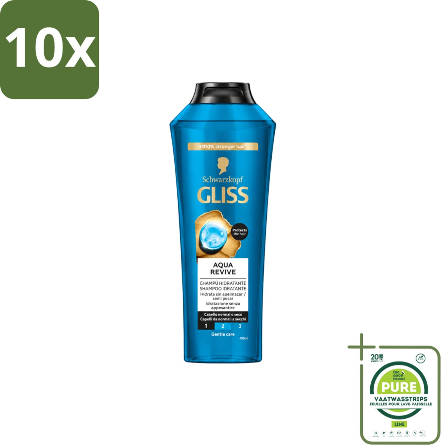 10 x Gliss-Kur - Shampoo - Aqua Revive - Verfrist & Hydrateert - 400 ml - Grootverpakking - Vaatwasstrips - Haar Reinigen - Haar Hydrateren - Haar Verfrissen - Hyaluronzuur Shampoo - Haar Verzorgen